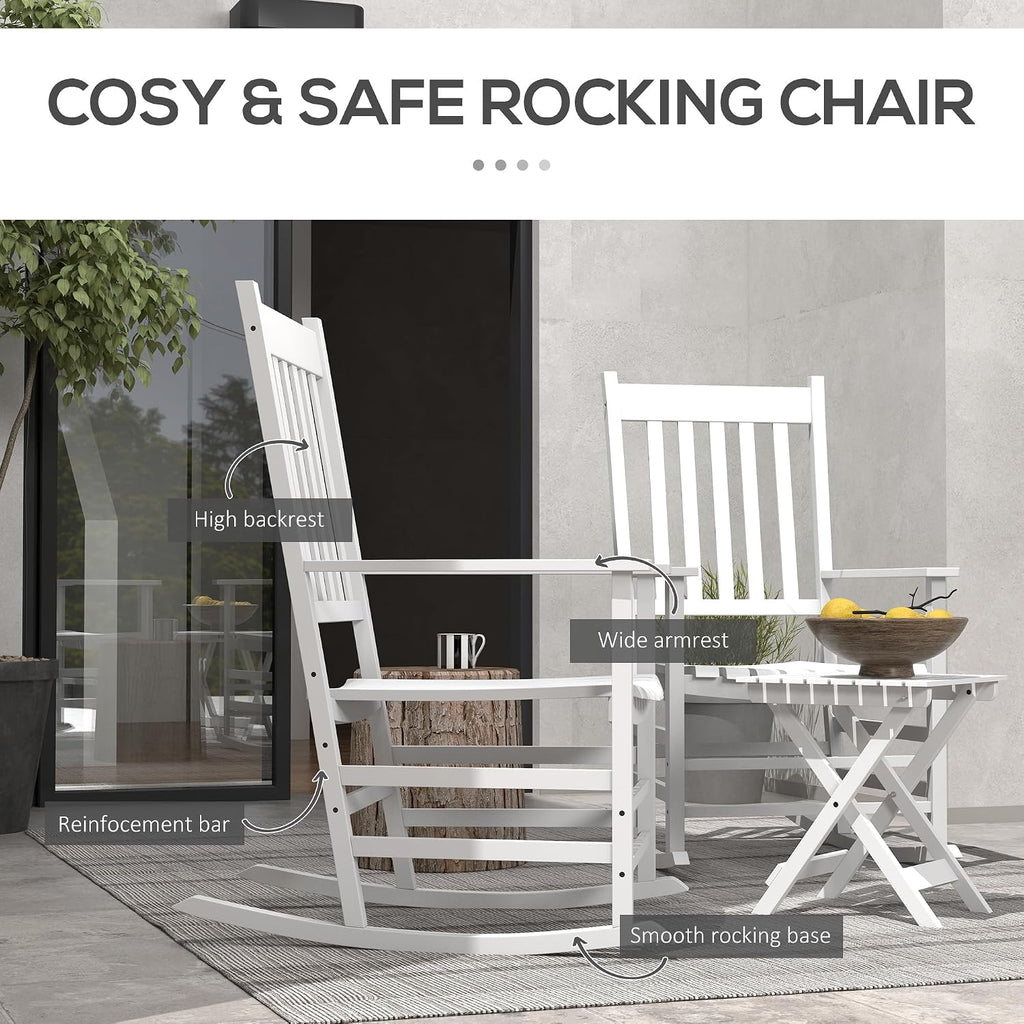 Outsunny Outdoor Rocking Chair Set of 2 with Side Table, Patio Wooden Rocking Chair with Smooth Armrests, High Back for Garden, Balcony, Porch, Supports Up to 352 lbs, White