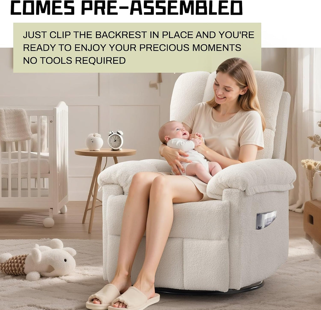 Korser Recliner Chair, Swivel Rocker Recliner Chair for Adults, Small Recliners for Small Spaces, Manual Recliner with Side Pockets, Upholstered Nursery Rocking Chair for Living Room, Sherpa, Beige