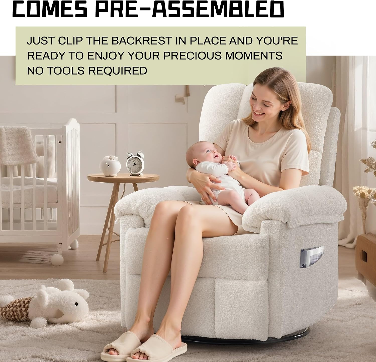 Korser Recliner Chair, Swivel Rocker Recliner Chair for Adults, Small Recliners for Small Spaces, Manual Recliner with Side Pockets, Upholstered Nursery Rocking Chair for Living Room, Sherpa, Beige