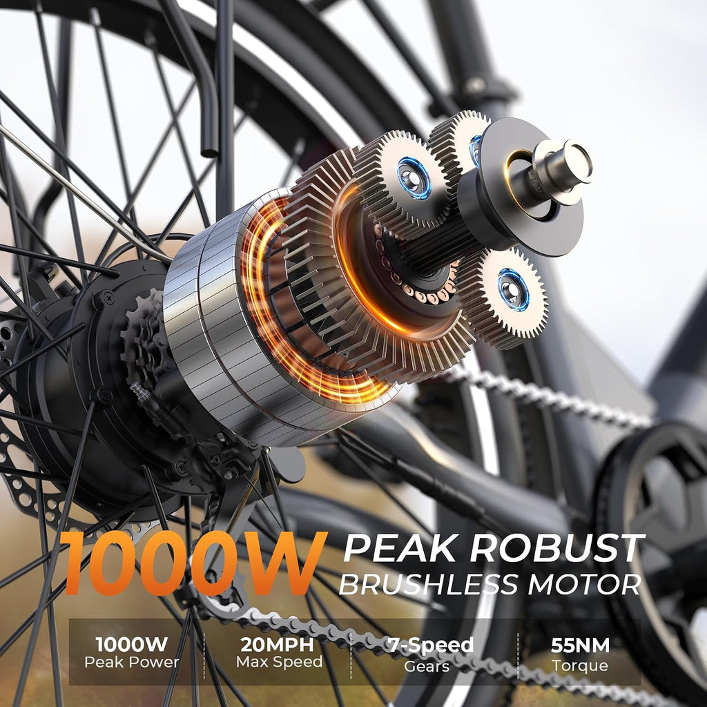 Electric Bike for Adults,26' Step-Thru EBike with 1000W Peak Motor,50 Miles 20MPH Adult Electric Bicycles with 48V Internal Removable Battery, Adjustable Stem,7 Speed,UL 2849 Certified