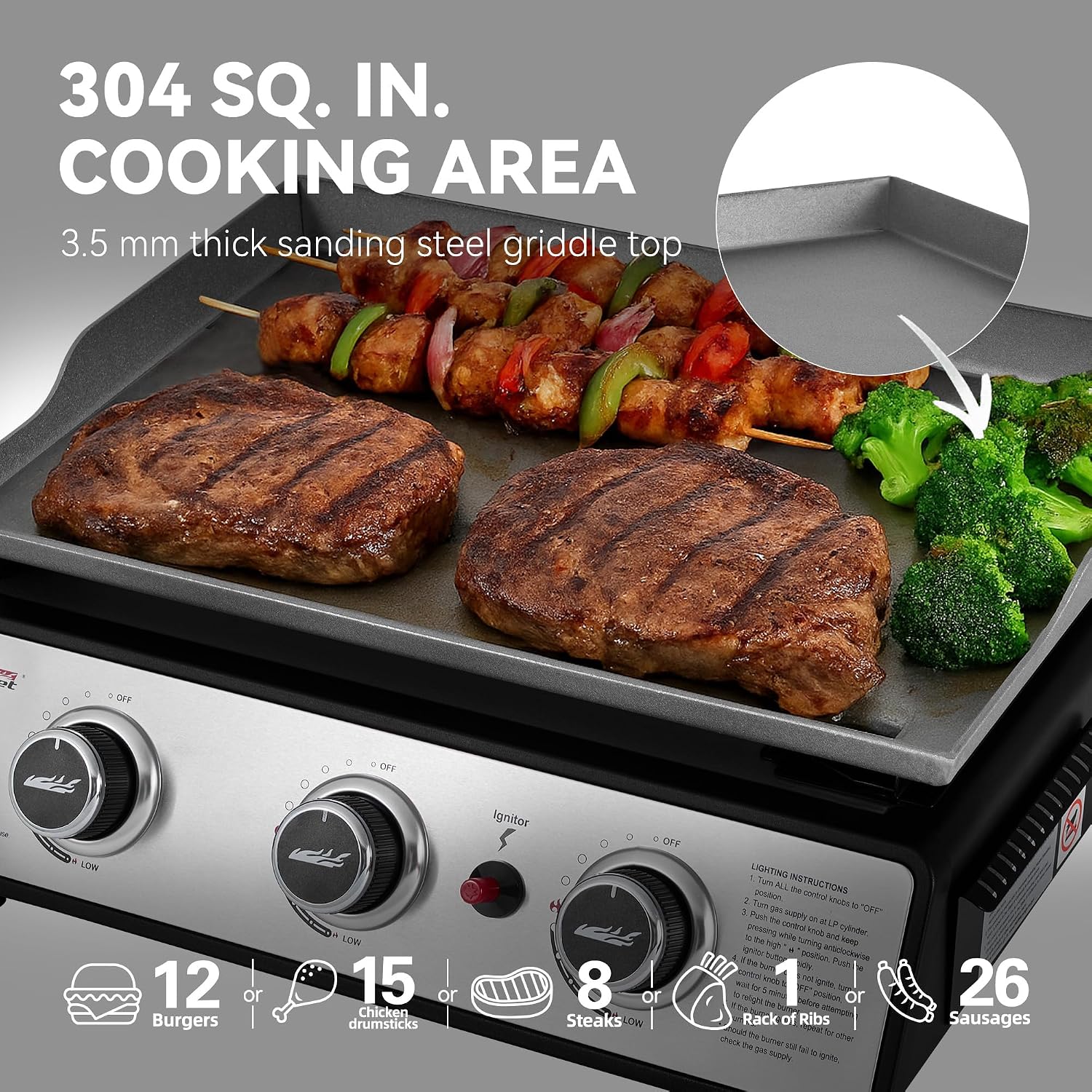 Royal Gourmet PD1301S Portable 3-Burner Tabletop Gas Griddle, 25,500 BTU Cooking Power, 304 Sq. In. Cooking Surface, Ideal for Camping & Tailgating, Black & Silver