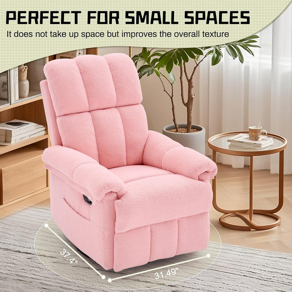 Korser Recliner Chair, Swivel Rocker Recliner Chair for Adults, Small Recliners for Small Spaces, Manual Recliner with Side Pockets, Upholstered Nursery Rocking Chair for Living Room, Sherpa, Pink