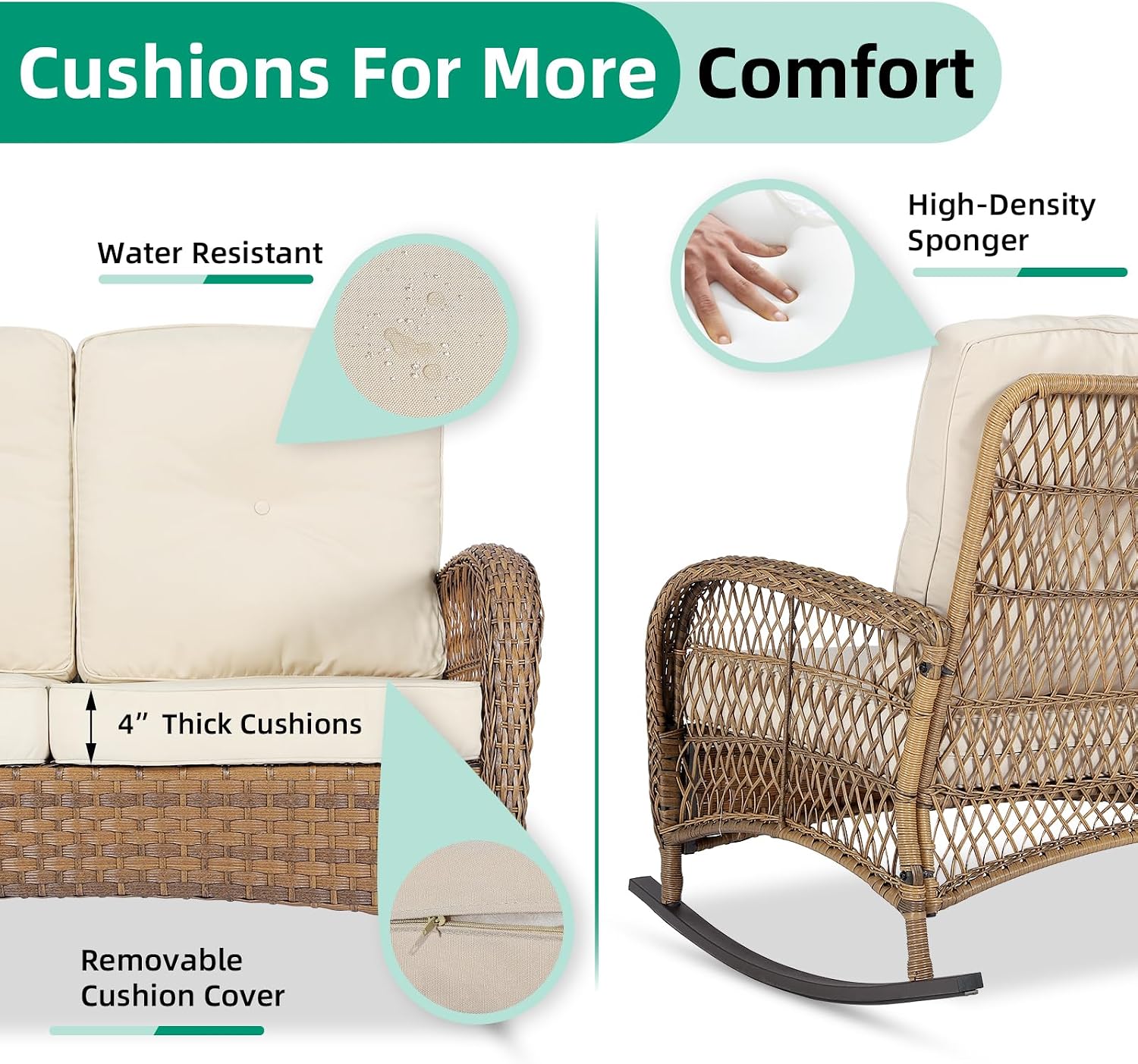 VIVIJASON Outdoor Wicker Loveseat Rocking Chair, 2-Person Patio Rattan Double Rocker Sofa with Thick Cushions, All-Weather Loveseat Rocker for Porch, Backyard & Garden