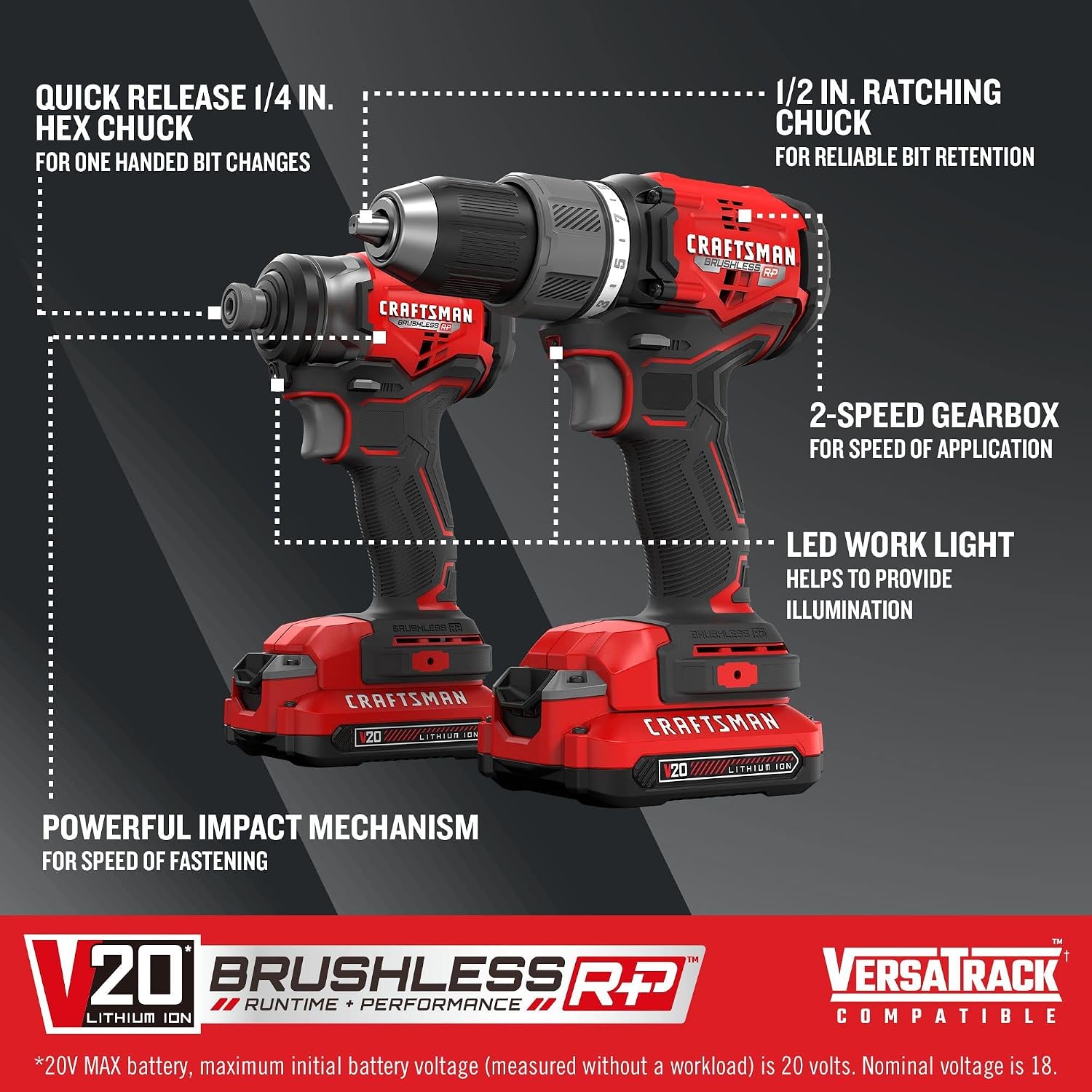 CRAFTSMAN V20 RP Cordless Drill and Impact Driver, Brushless Power Tool Combo Kit, 2 Batteries and Charger Included (CMCK211C2)