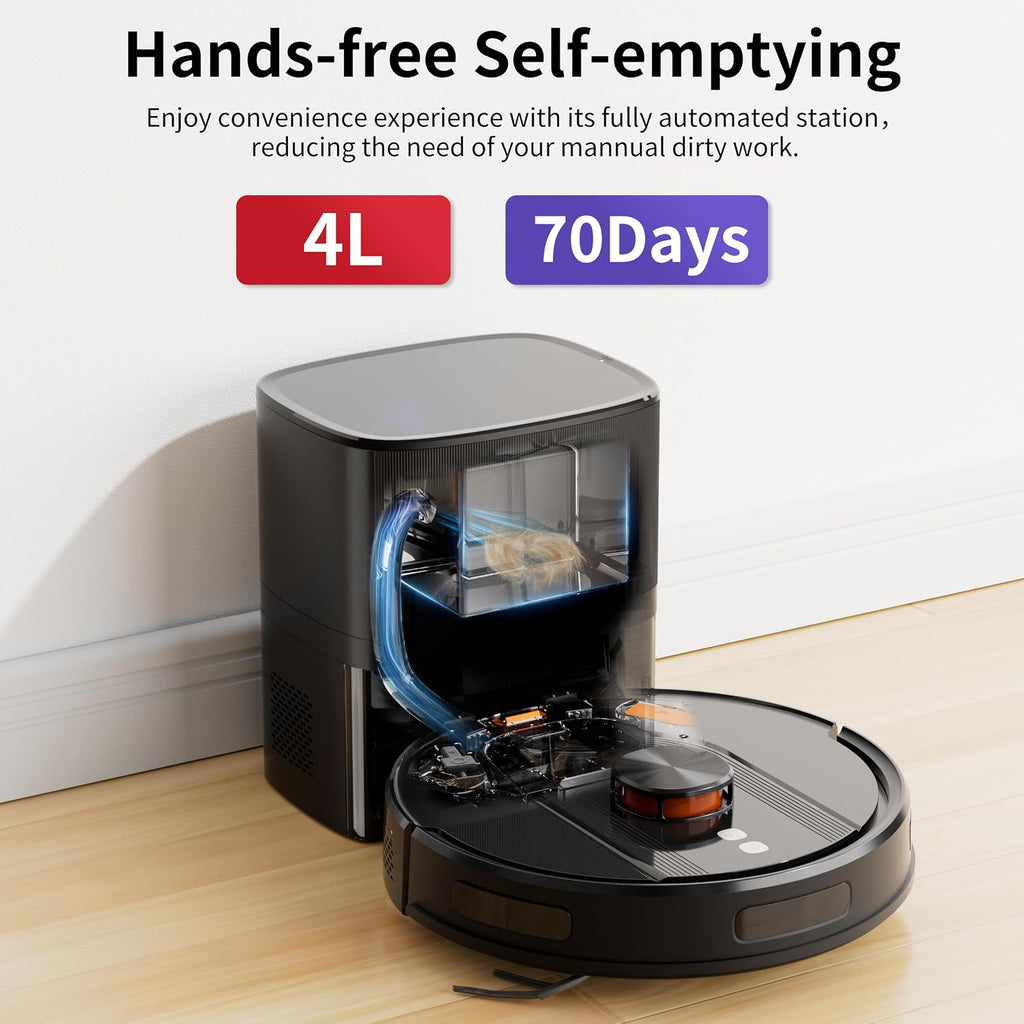 Robot Vacuum and Mop Combo with Self-Emptying, Customizable Map Cleaning with LiDAR Navigation, 6000Pa Suction, Smart No-Go Zones, 70Days Hands-free Robotic Vacuum Cleaner for Floor, Carpet, Pet Hair