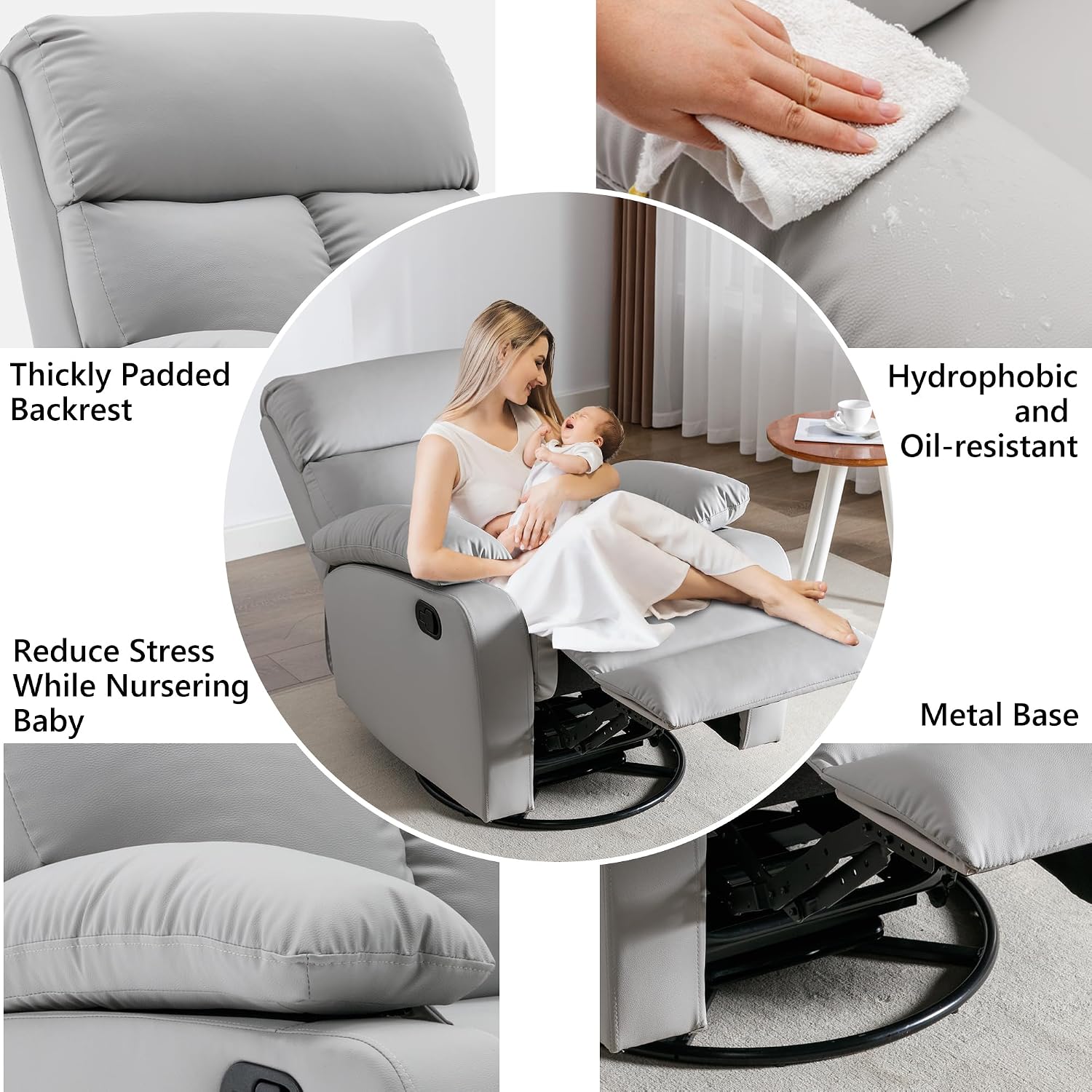 hzlagm Rocking Recliner Chair, Swivel Rocker Recliner, Glider Small Rocker Recliners for Small Spaces, Living Room, Bedroom, Nursery, RV, Grey