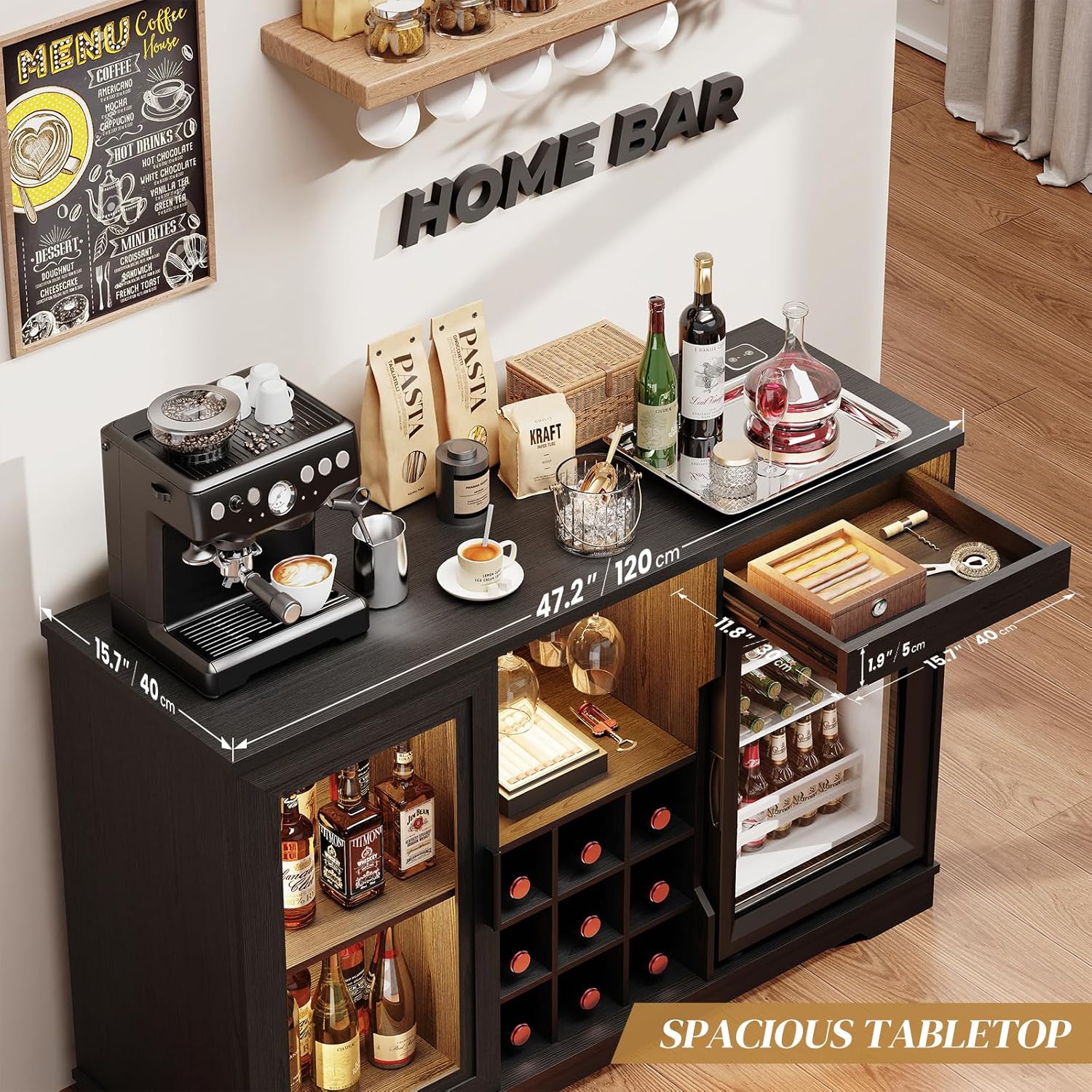 BROTTAR Coffee Bar Cabinet with Fridge (Fridge Included), Large Liquor Bar Cabinet with LED Lights, Glass Holder & Wine Rack, Wine Cabinet with Human Body Sensor, Buffet Sideboard for Home, Black