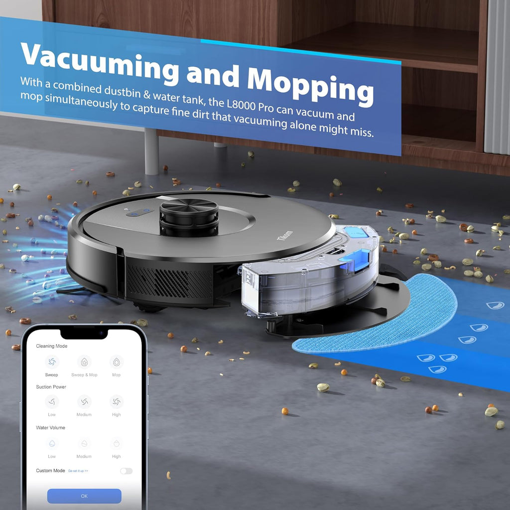 Tikom Robot Vacuum and Mop Combo, 6000Pa Automatic Robotic Vacuum Cleaner, Smart Mapping, 150 Min Max, Ideal for Pet Hair, Hardfloors, Carpets, Home(L8000 Pro)