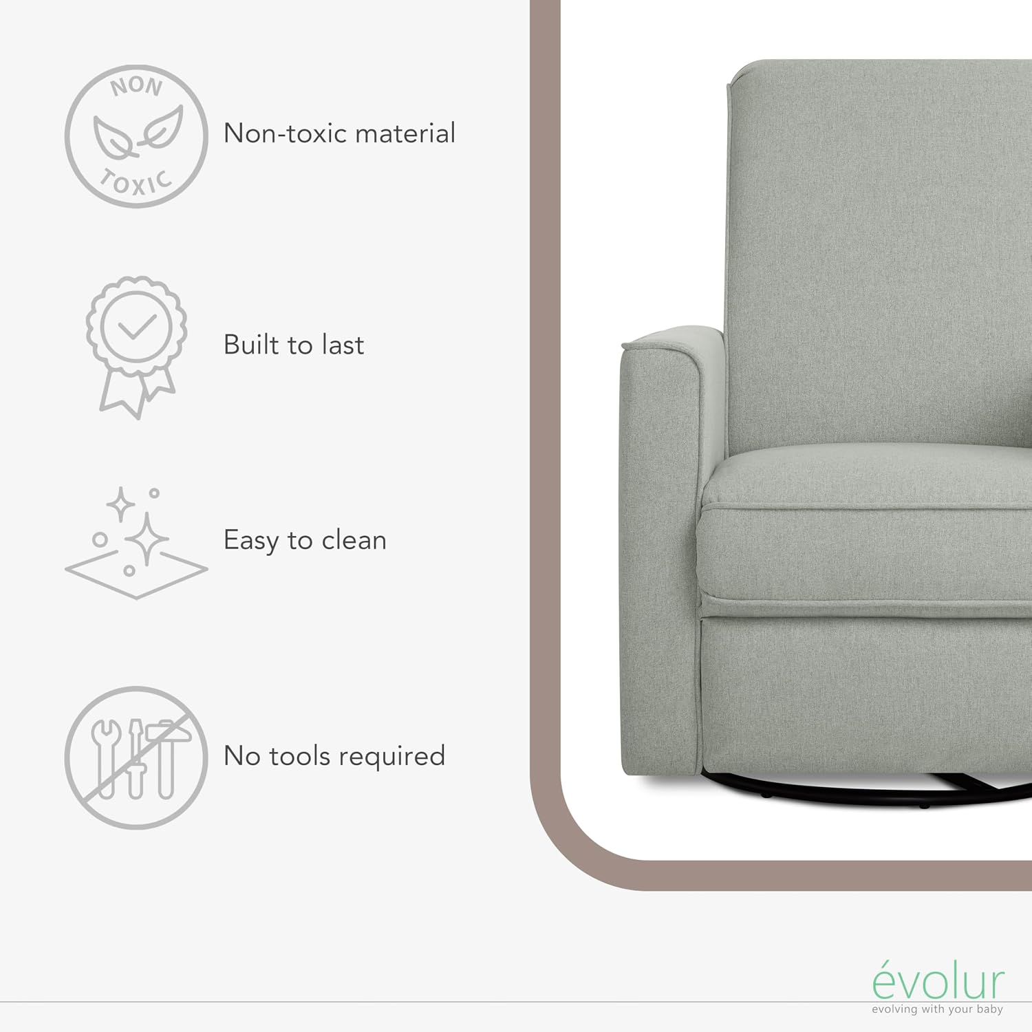 évolur Harlow Upholstered Power Glider Recliner with USB Charging – Rocking & 275° Swivel with Smooth Glide – Greenguard Gold & FSC Certified – Modern Nursery and Living Room Chair in Light Grey