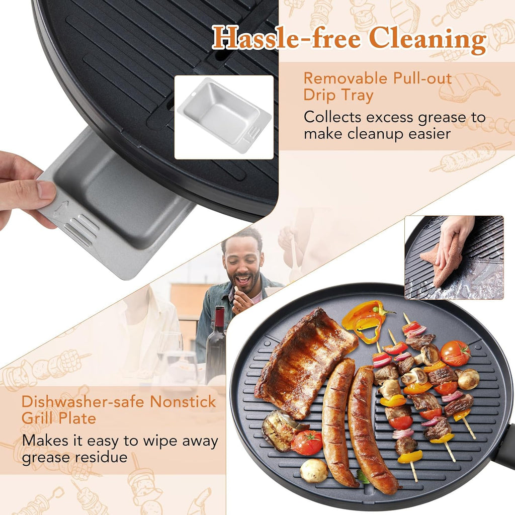 Happygrill Electric Grill Outdoor, 1350W Portable BBQ Grill w/Non-stick Griddle Plate, Temperature Control, Drip Tray, Temperature Control for Patio Camping (Red, 24.5'' Dia x 38.5'' H)