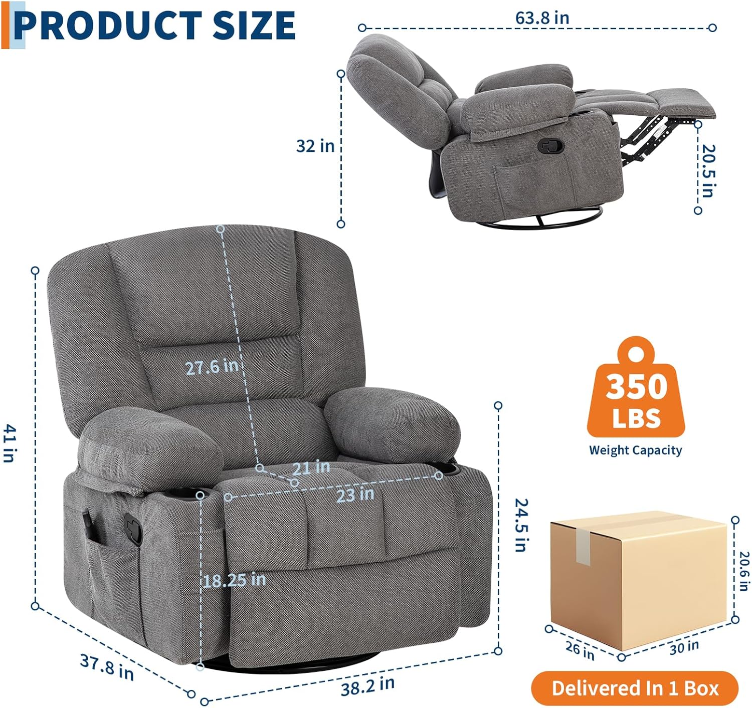 Massage Rocking Recliner Chair with Vibration and Heat, 360° Swivel Chenille Rocker Chairs for Living Room, Home Theater Seating with Cup Holders & Side Pocket for Adults, Living Room, Bedroom, Grey