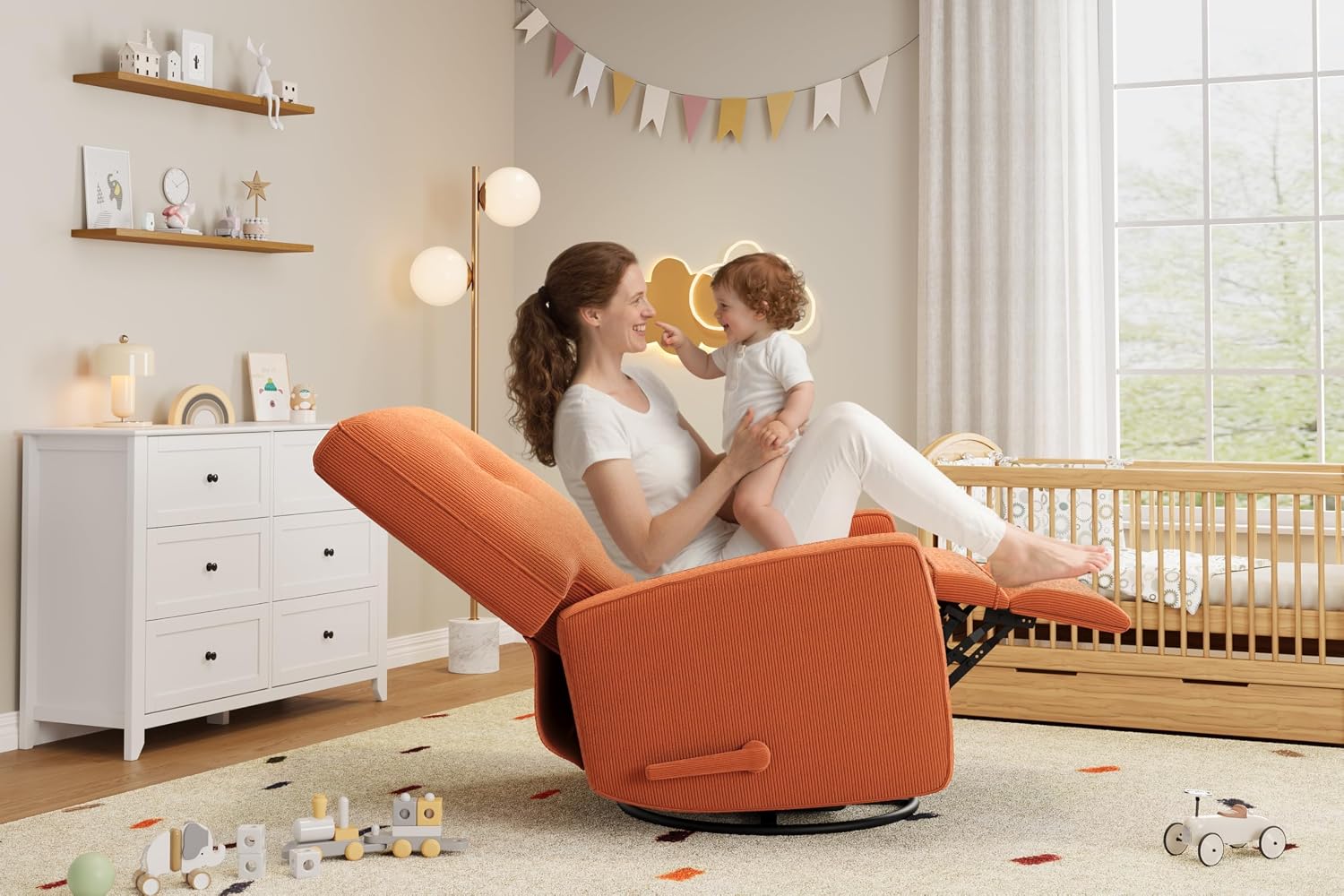 Garvee Nursery Recliner Chair, 360° Swivel Rocking Glider Chair for Adults with Adjustable Backrest & Footrest, Upholstered Armchair for Living Rooms, Bedrooms, Apartments, Orange