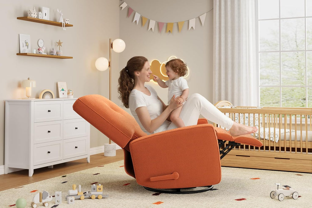 IDEALHOUSE Recliner Chair, 360° Swivel Rocking Glider Chair for Adults with Adjustable Backrest & Footrest, Cozy Corduroy Upholstered Armchair for Living Rooms, Bedrooms, Apartments, Orange