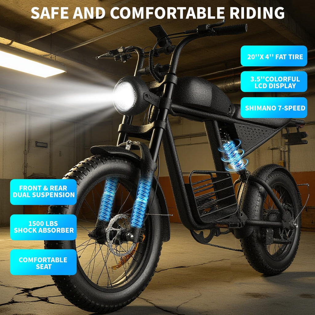 Electric Bike Adults 1500W Peak 48V 20AH Battery 35MPH 20' Fat Tire Electric Dirt Bike for Road Sand Snow Mountain 7-Speed All Terrain E-Bike Electric Motorcycle