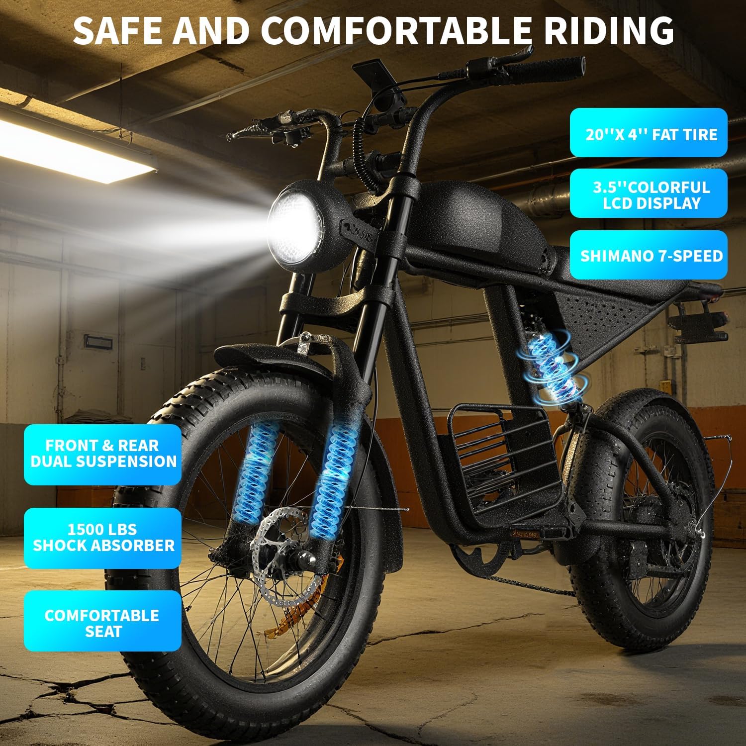 Electric Bike Adults 1500W Peak 48V 20AH Battery 35MPH 20' Fat Tire Electric Dirt Bike for Road Sand Snow Mountain 7-Speed All Terrain E-Bike Electric Motorcycle