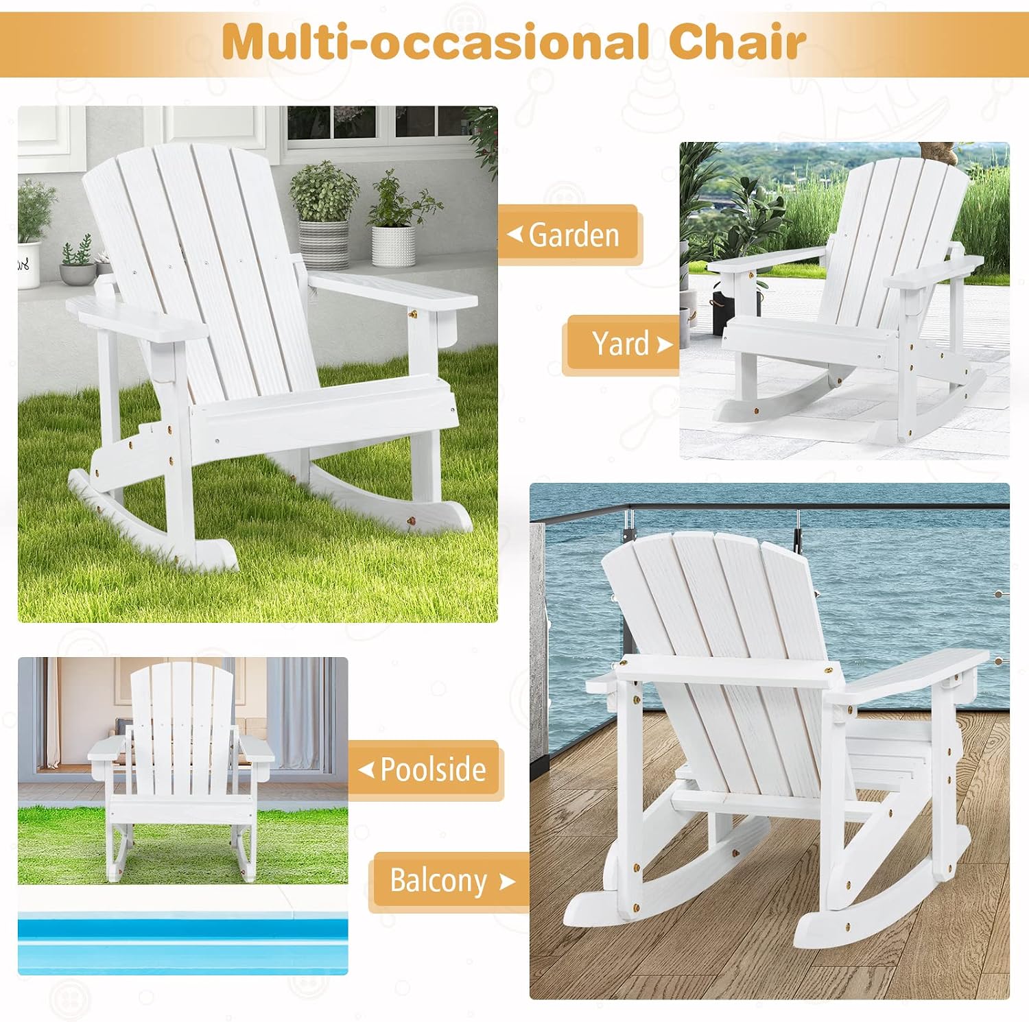 Giantex Wooden Adirondack Rocking Chairs Set of 2 - Kids Outdoor Rocker with Slatted seat, Smooth Rocking Feet, 300LBS Weight Capacity, Porch Rocking Chair for Balcony, Backyard, Poolside (2, White)