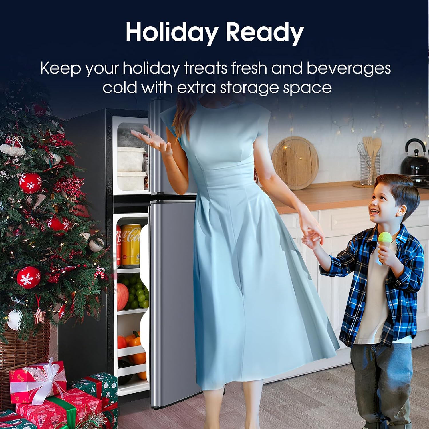 Anypro Fridge with Freezer, 2.9 Cu.Ft Double Door Refrigerator with 7-Level Temperature Control, LED Light, Adjustable Shelves for Bedroom, Office, Dorm, and Apartment, Blue Silver