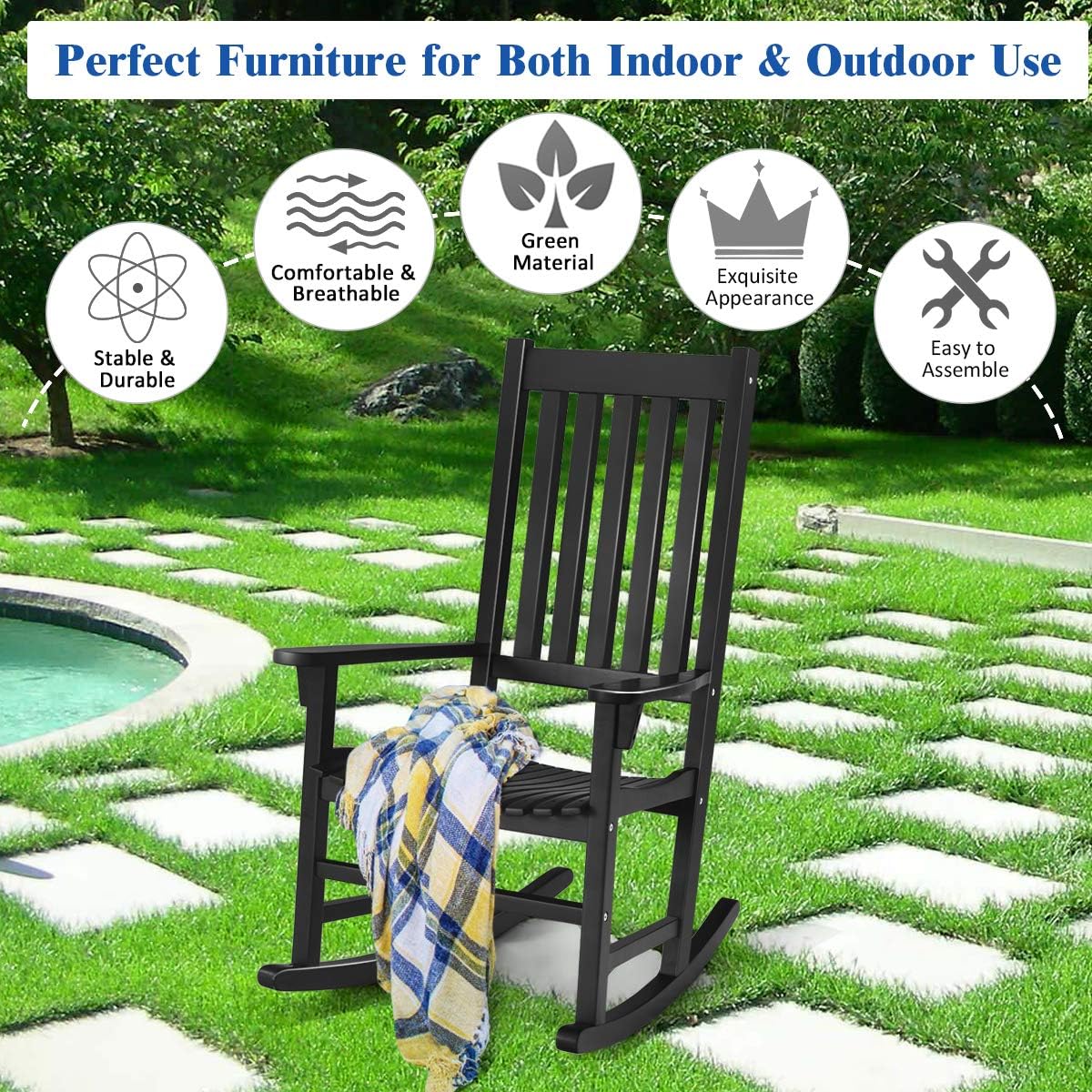 Giantex Rocking Chair Acacia Wood Frame Outdoor& Indoor for Garden, Lawn, Balcony, Backyard and Patio Porch Rocker (1, Black)