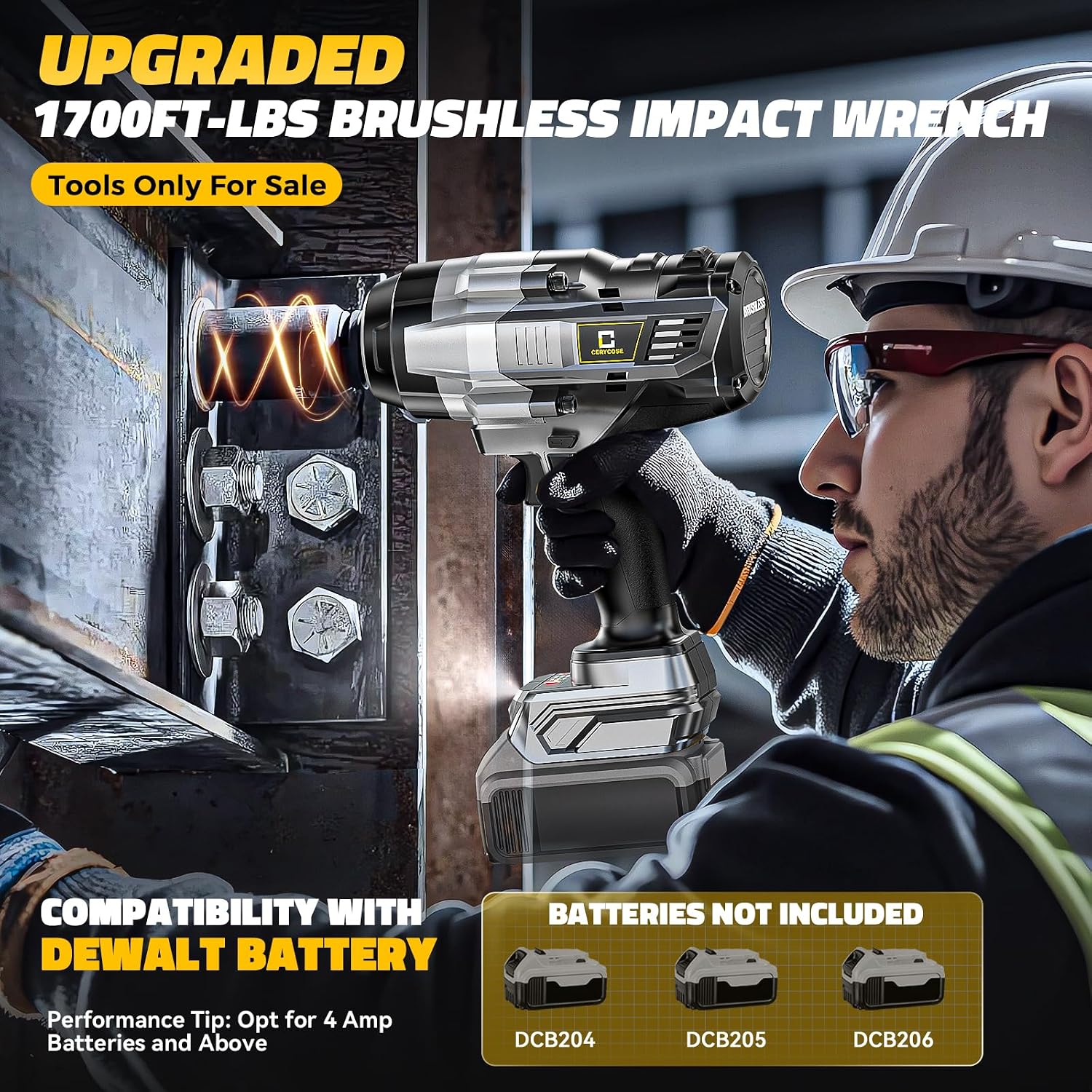 Cerycose Cordless Impact Wrench 1/2 inch Compatible with DeWalt 20V Battery: 1700FT-LBS High Torque Impact Wrench with 6 Sockets & Case - Brushless Electric Impact Gun LED Work Light, Bare Tool