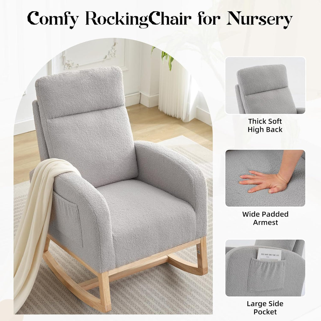GAOMON Rocking Chair Glider for Nursery, Comfy Rocker Nursery with Side Pocket & High Backrest, Baby Rocking Chair for Breastfeeding, Upholstered Rocker & Living Room, Light Gray