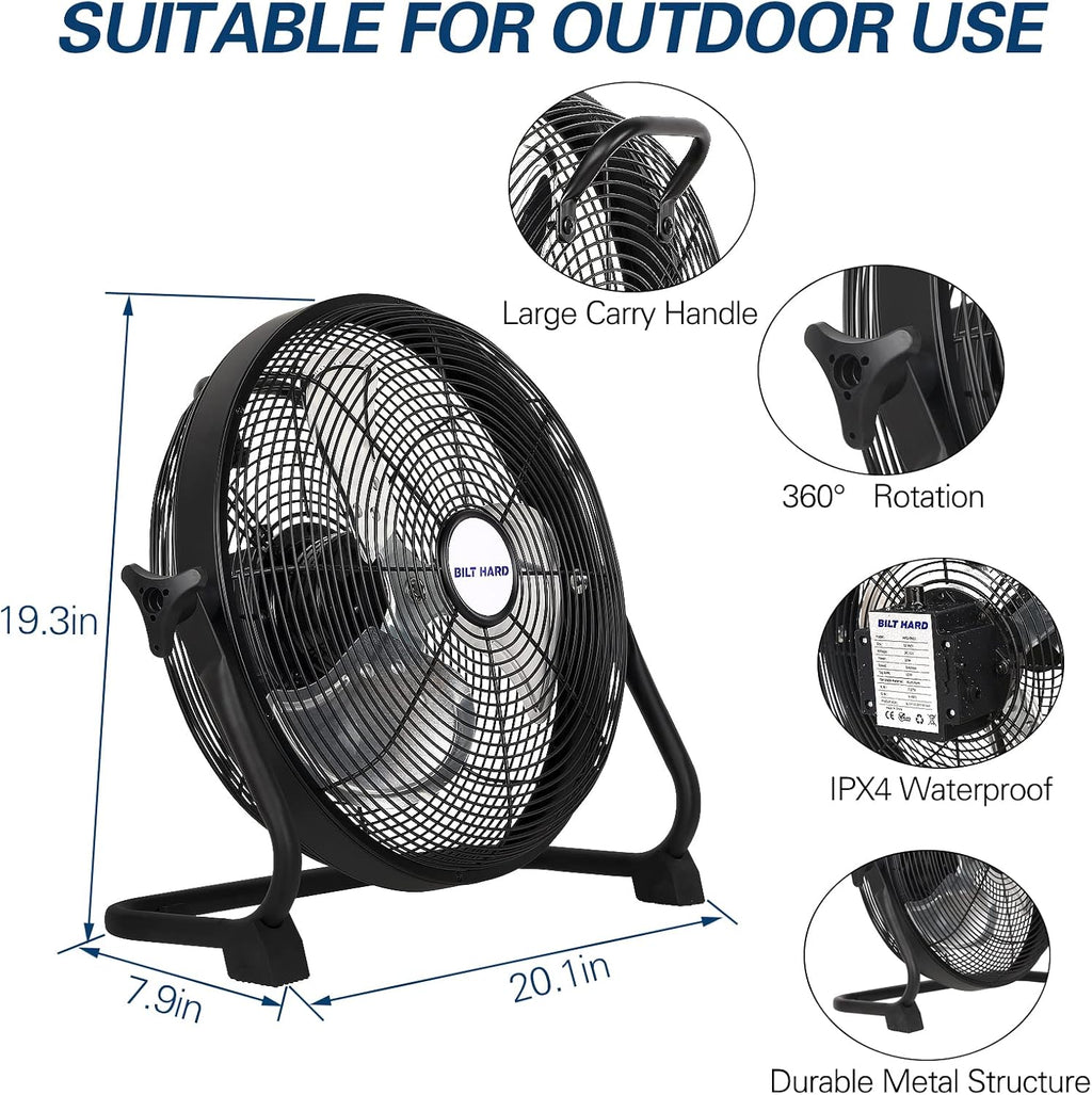 BILT HARD 16 Inch Rechargeable Battery Operated Outdoor Floor Fan, 15600mAh Battery Powered High Velocity Portable Fan with Metal Blade, USB Output for Travel, Camping, Backyard