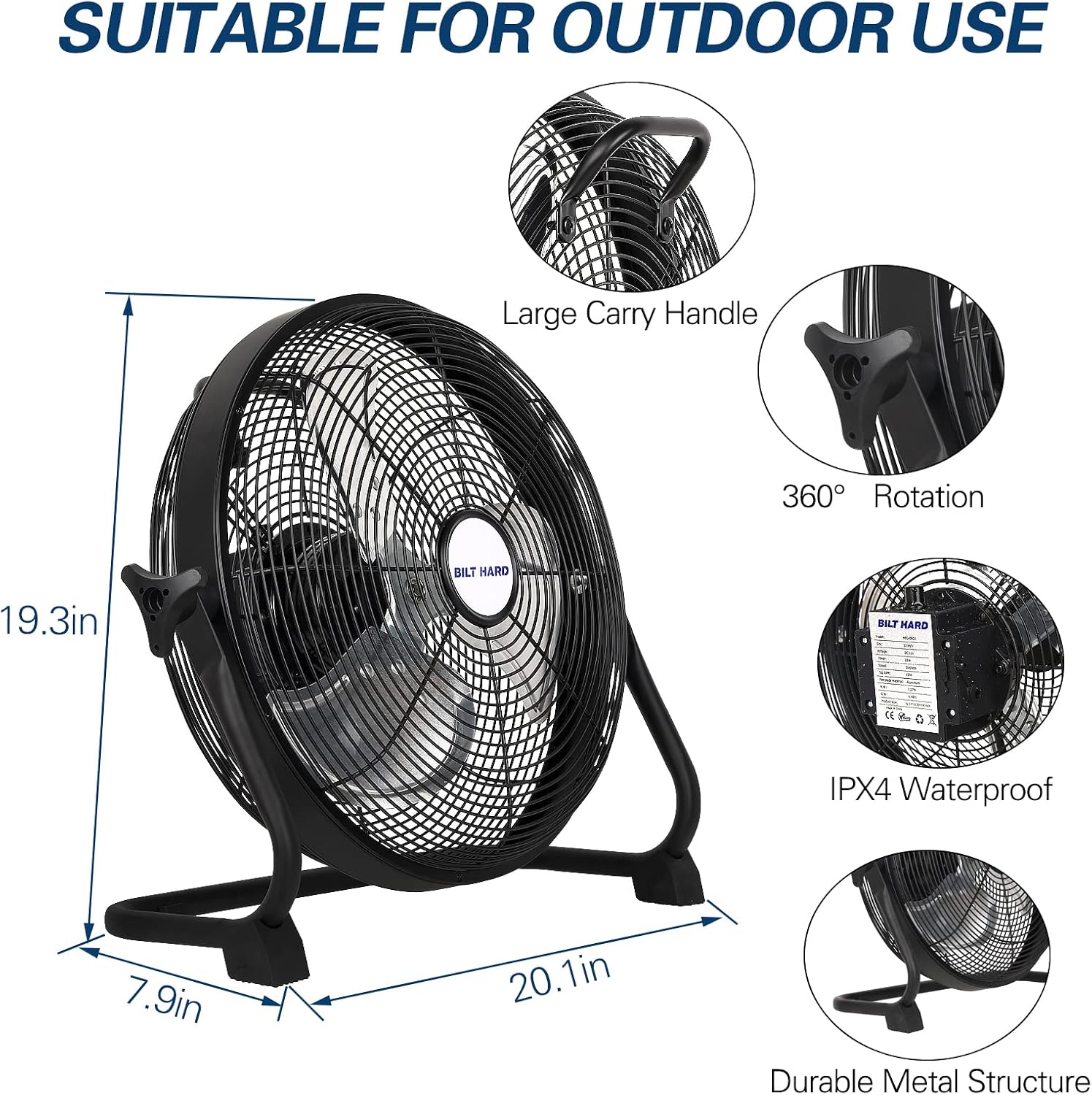BILT HARD 16 Inch Rechargeable Battery Operated Outdoor Floor Fan, 15600mAh Battery Powered High Velocity Portable Fan with Metal Blade, USB Output for Travel, Camping, Backyard