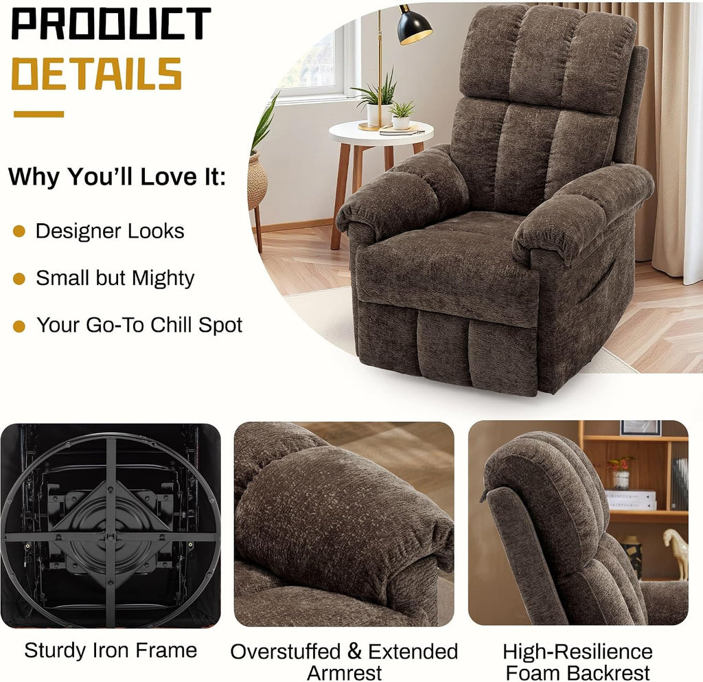 Korser Recliner Chair, Swivel Rocker Recliner Chair for Adults, Small Recliners for Small Spaces, Upholstered Manual Recliner with Side Pockets, Nursery Rocking Chair for Living Room, Chenille, Brown