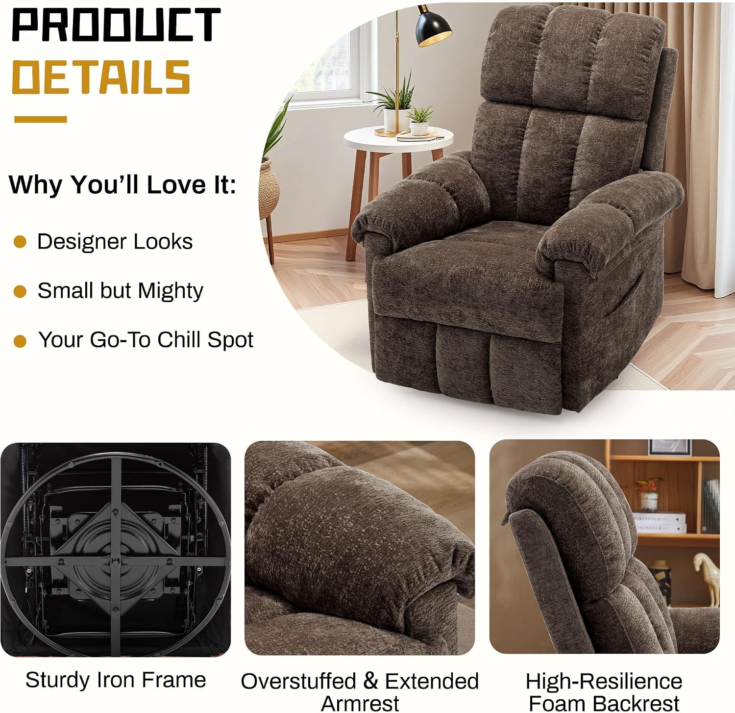 Korser Recliner Chair, Swivel Rocker Recliner Chair for Adults, Small Recliners for Small Spaces, Upholstered Manual Recliner with Side Pockets, Nursery Rocking Chair for Living Room, Chenille, Brown