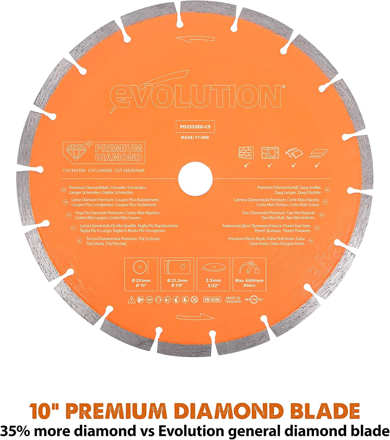 Evolution R255DCT - 10 In Concrete Saw (Aka Circular, Angle Grinder, Chop Saw, Cut Off, Demo, Disc Cutter, Power Cutter) - 15A Motor, No Gas - 4-1/16 In Cut - Incl Premium Diamond Blade