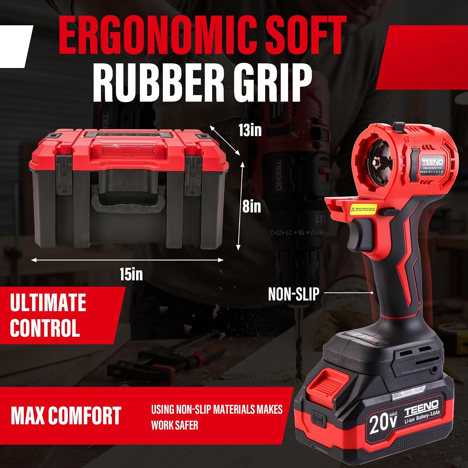 TEENO Brushless Power Tool Combo Kit, 6-in-1 Cordless Interchangeable Multi-Tool Set (Drill, Impact Wrench, Oscillating Tool, Reciprocating & Chain Saws, Sander), 3Ah Battery, USB Adapter & Hard Case