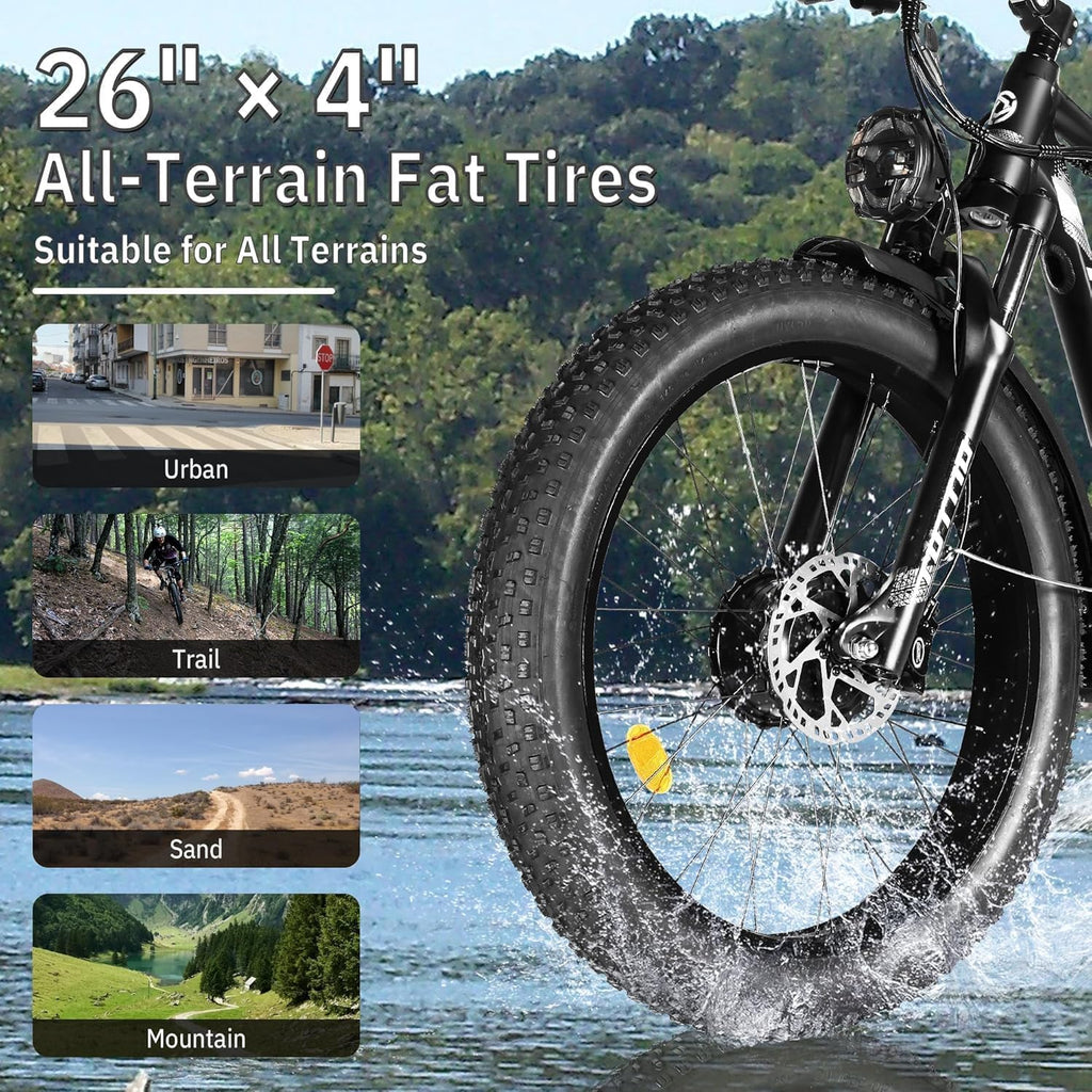 TUTTIO Adria26 5000W/6000W Dual Motor Ebike, 40-46MPH Electric Bike for Adults, 26' x 4' Fat Tire Electric Mountain Bike, 52V 25AH E-Bike Full Suspension Electric Dirt Bike for Off-Road Hunting