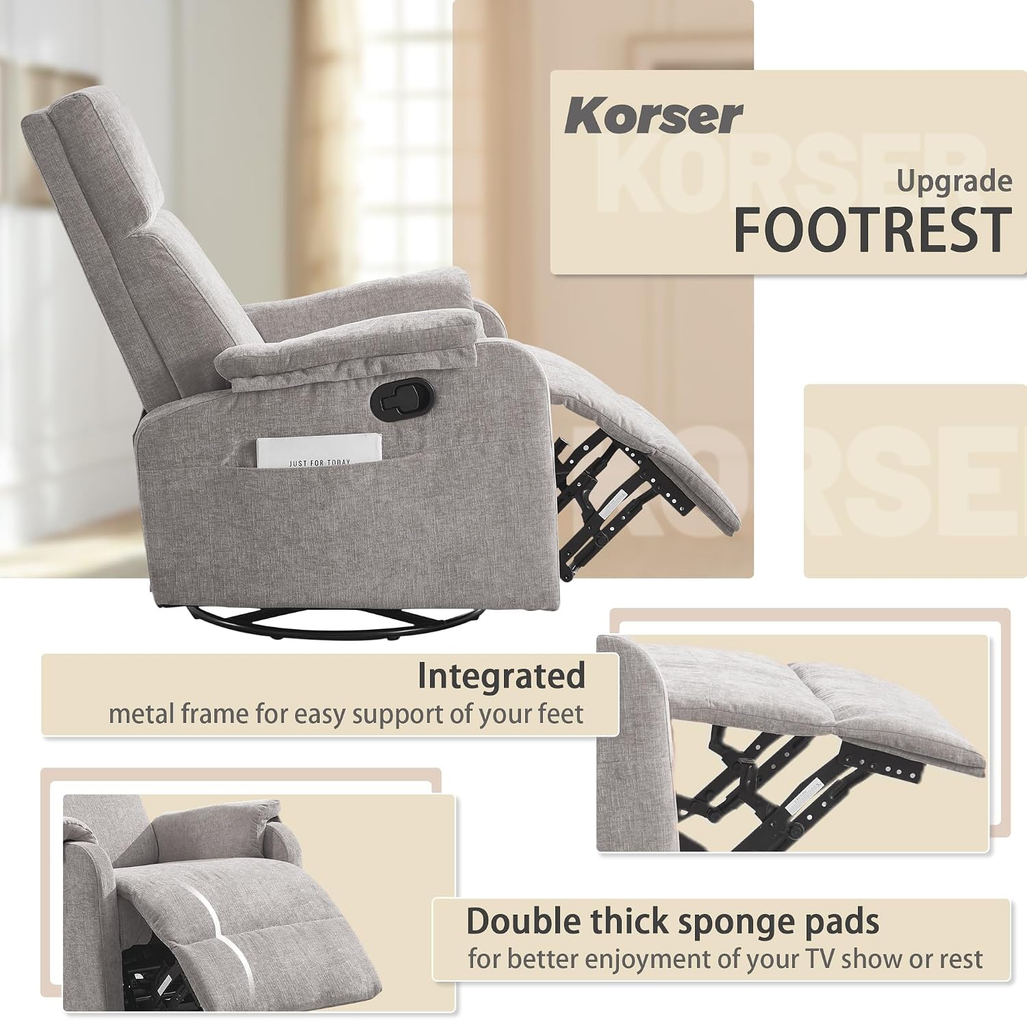 Korser Recliner Chair, Swivel Rocking Recliner Chair for Adults, Glider Rocking Chair, Small Nursery Chair Recliner for Living Room, Reclining Chair with Modern-Designed Armrests, Chenille, Grey