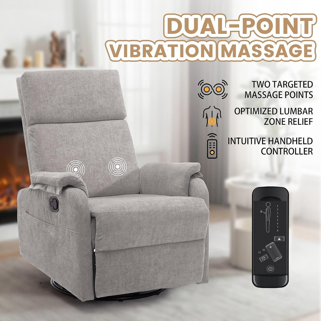 Korser Swivel Rocking Recliner with Massage, Small Glider Chair for Nursery, Modern-Designed Armrests Chair for Adults Living Room, Chenille, Grey