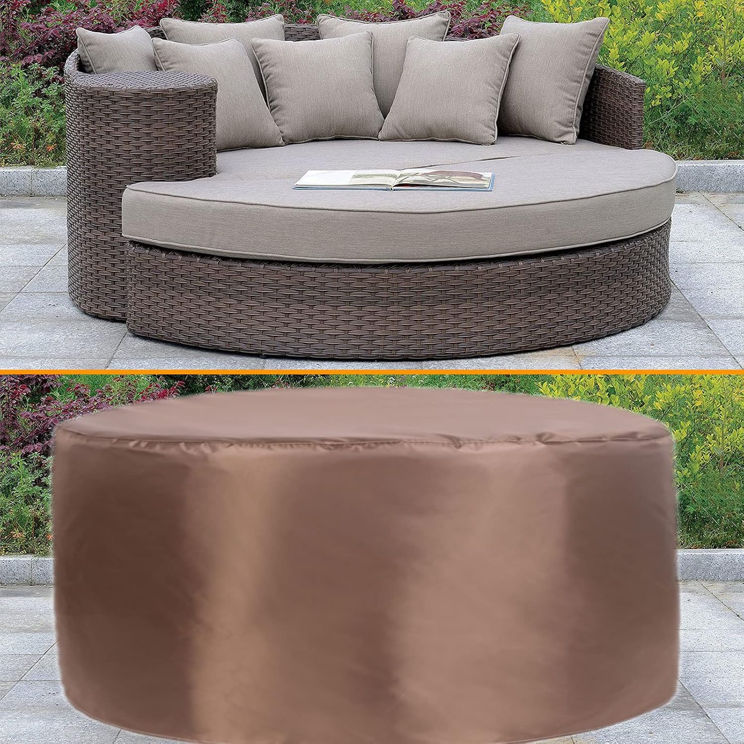 YSUEFIJO Garden Furniture Covers Waterproof Round 150x39in Patio Furniture Cover Brown for Sofa Dining Table and Chairs Anti-UV Durable 420d Oxford Fabric Rip Proof with Black Storage Bag