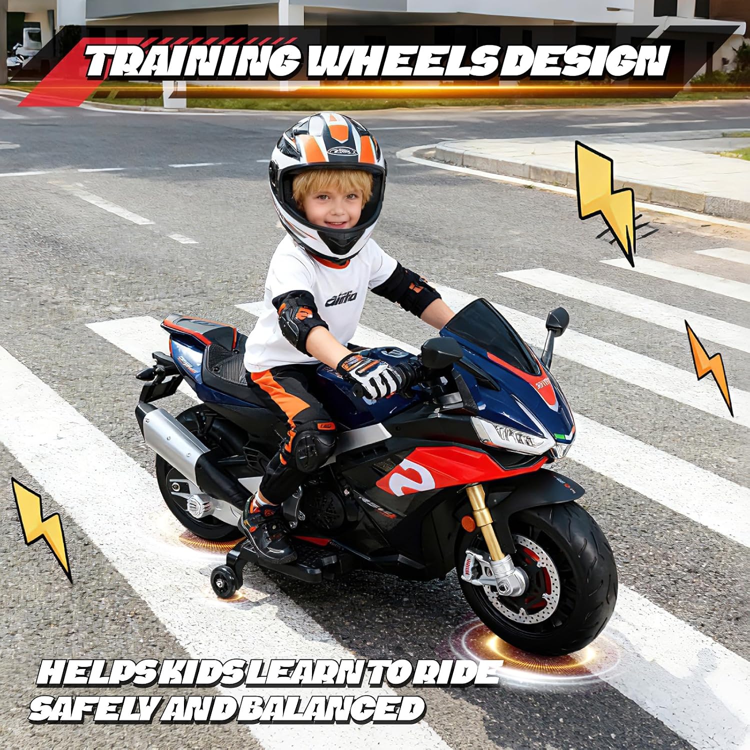 HEIMILI 24V Kids Motorcycle, Aprilia RSV4 Licensed Electric Ride on for 3-6 Years, 51' Large Motorbike with Training Wheels, Bluetooth, Speed 5mph (Blue, 24V(51 * 31 * 22))