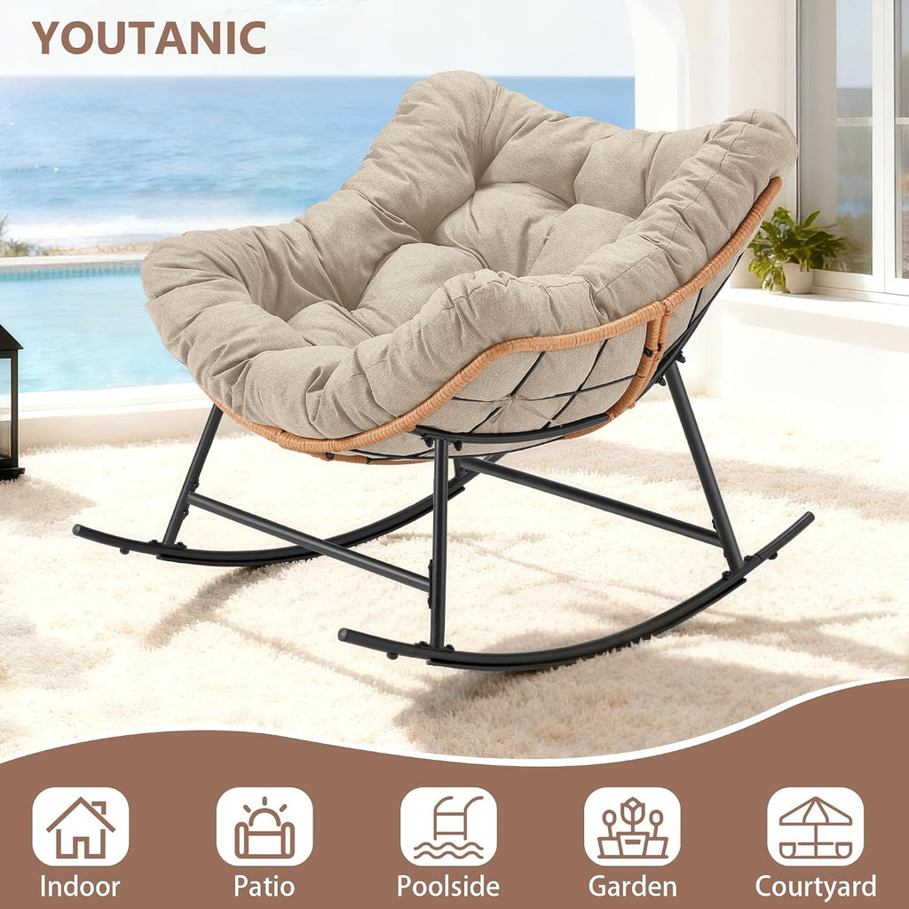 Youtanic Outdoor Rocking Chair, Oversized Papasan Reading Chair Indoor with Thick Cushion, Comfy Rattan Rocker Egg Chair for Patio, Garden, Balcony, Lawn, Backyard, Bedroom, up to 450lbs, Beige