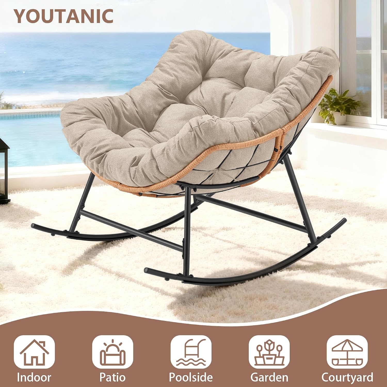 Youtanic Outdoor Rocking Chair, Oversized Papasan Reading Chair Indoor with Thick Cushion, Comfy Rattan Rocker Egg Chair for Patio, Garden, Balcony, Lawn, Backyard, Bedroom, up to 450lbs, Beige