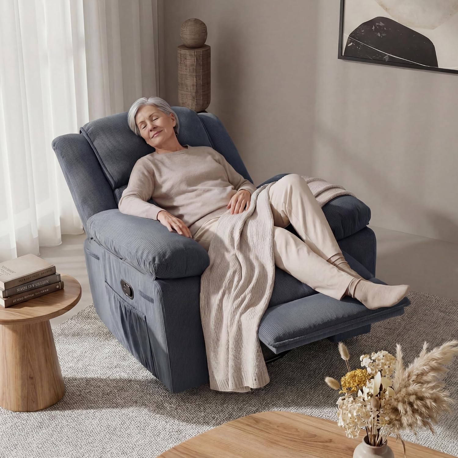 FLEXISPOT XRC2 360° Swivel Rocker Recliner for Adults, Rocking Glider Chair with Massage and Heat, Small Swivel Recliner for Living Room Bedroom Nursery, Blue Grey