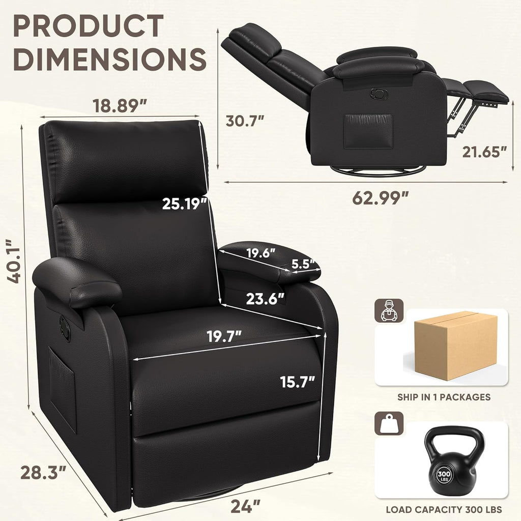 Homall Recliner Chair, 360 Swivel Rocking Chair for Adults, Massage Nursery Chair with Adjustable Backrest and Footrest, PU Leather Glider Rocker Recliners with Side Pocket for Living Room (Black)