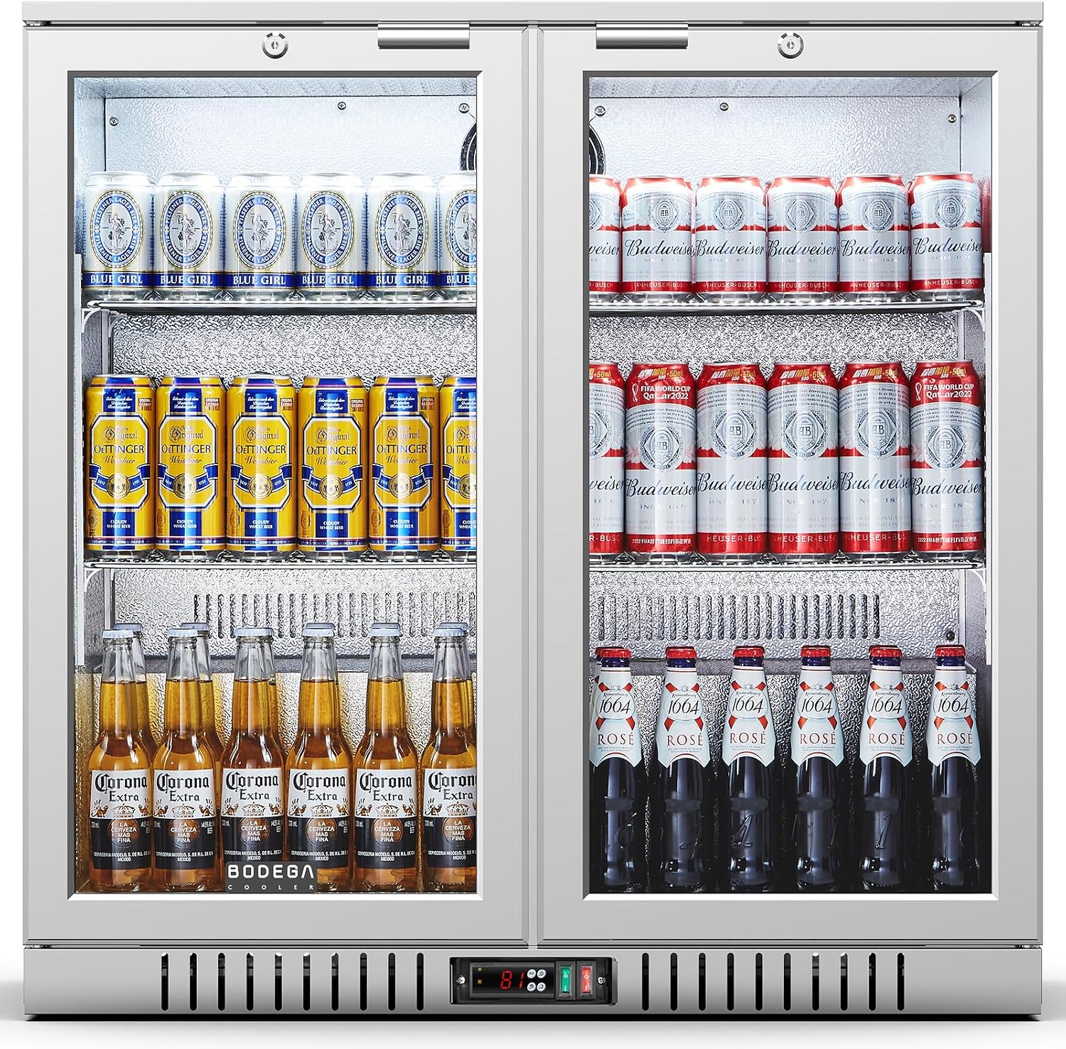 BODEGA BODEGACOOLER Back Bar Cooler With 2 Glass Doors,7.4 Cu.Ft Stainless Steel Commercial Back Bar Fridgewith LED Lighting, Counter Height Bar Beverage Cooler for Beer,Soda Drinks,Wine
