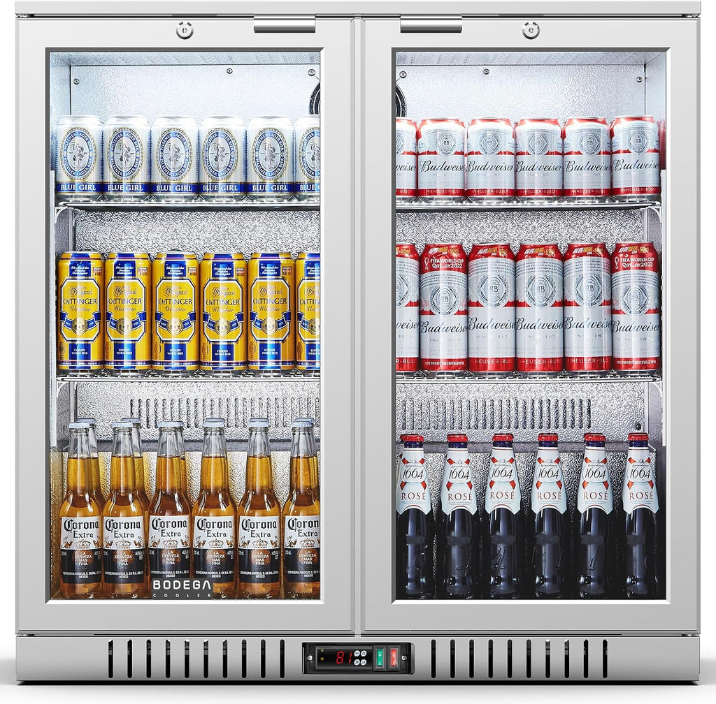BODEGA BODEGACOOLER Back Bar Cooler With 2 Glass Doors,7.4 Cu.Ft Stainless Steel Commercial Back Bar Fridgewith LED Lighting,Counter Height Bar Beverage Cooler for Beer,Soda Drinks,Wine