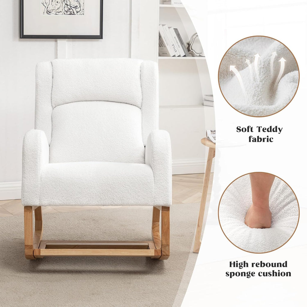 HCHAIRH Rocking Chair Nursery, Nursing Rocking Chairs for Mom Nursery, Comfy Wingback Glider Rocking Armchair with Foot Rest and Side Pocket for Nursery Living Room Bedroom, Teddy White
