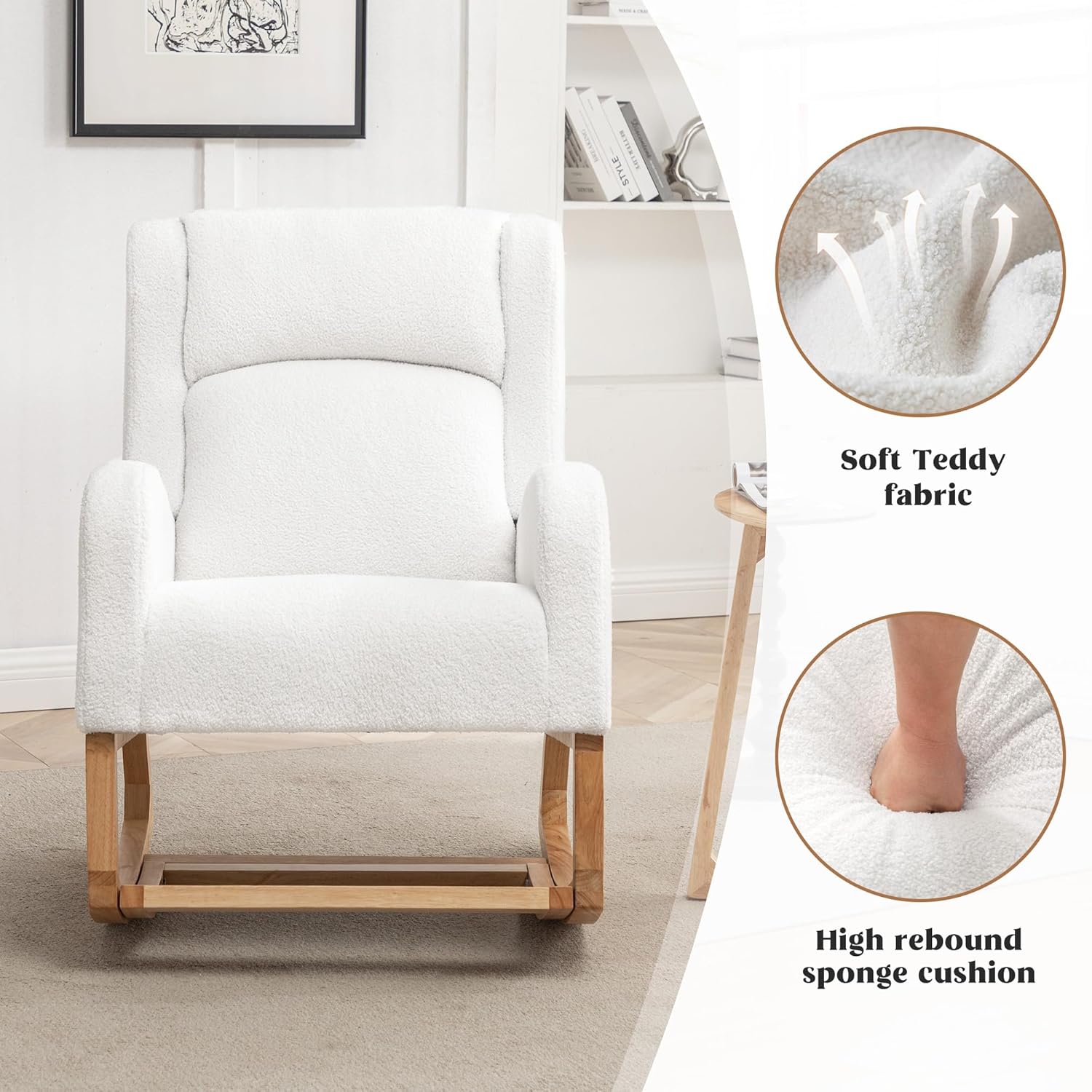 HCHAIRH Rocking Chair Nursery, Nursing Rocking Chairs for Mom Nursery, Comfy Wingback Glider Rocking Armchair with Foot Rest and Side Pocket for Nursery Living Room Bedroom, Teddy White