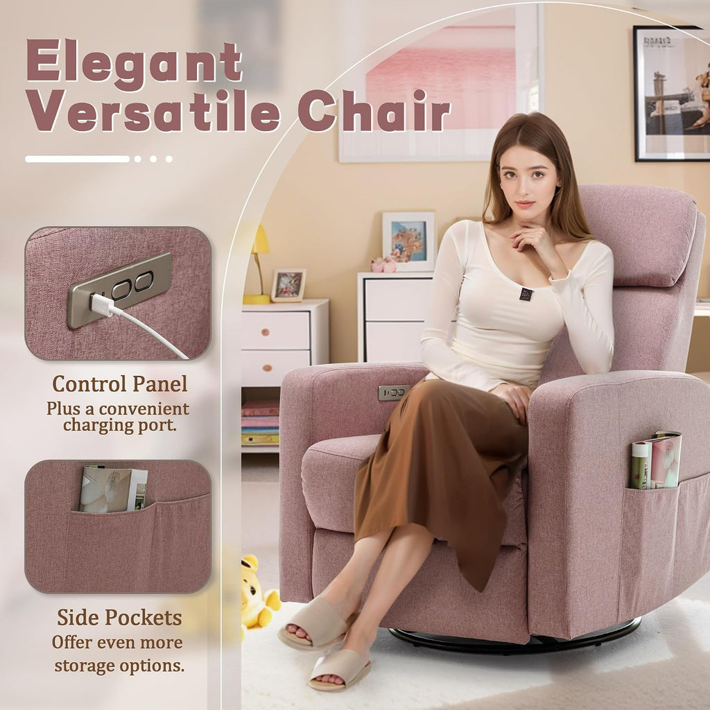 Korser Power Swivel Recliner Chairs for Adults, Electric Glider Rocking Chair Nursery, Glider Recliner Nursery Chair with Classified Side Pocket, Nursery Rocking Chairs with USB and Type-C Ports