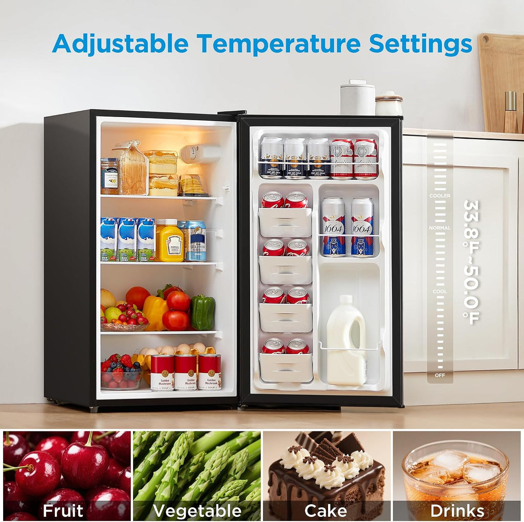 Midea MERM33S1AST Mini Fridge, 3.3 Cu.ft Compact Fridge with Internal Light, Adjustable Thermostat, Reversible Door, Low Noise for Dorm, Office, Bedroom, Stainless Steel