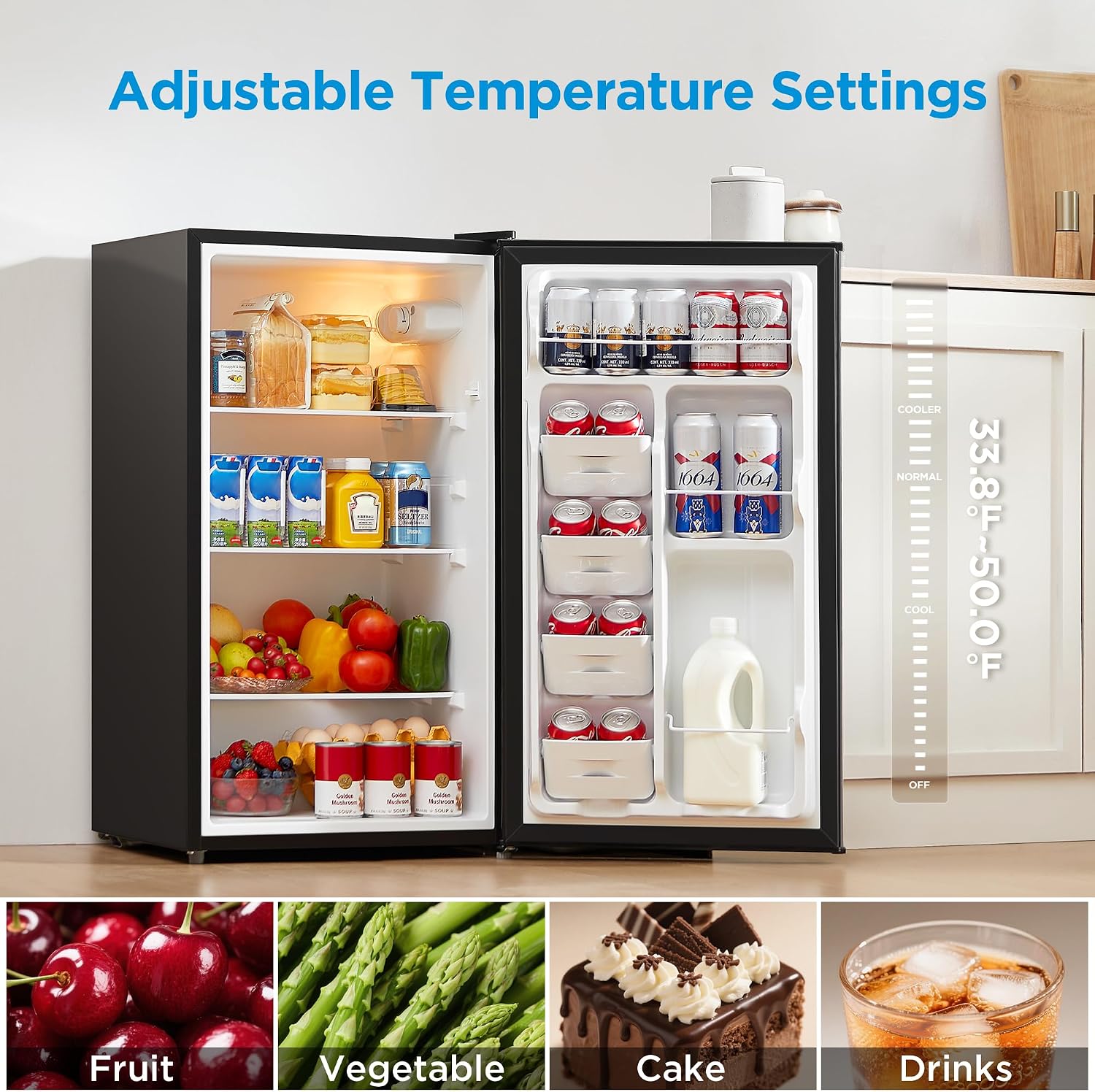 Midea MERM33S1AST Mini Fridge, 3.3 Cu.ft Compact Fridge with Internal Light, Adjustable Thermostat, Reversible Door, Low Noise for Dorm, Office, Bedroom, Stainless Steel