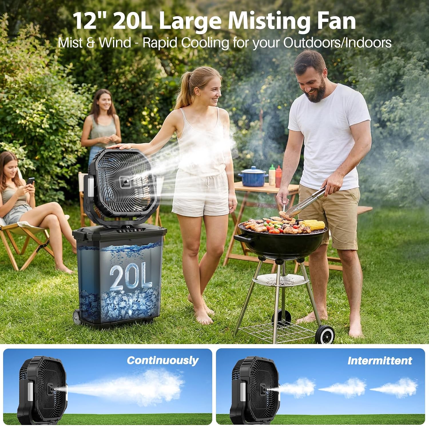 12' 20L Large Misting Fan Portable, 30000mAh Outdoor Oscillating Mist Fans for Outside Patios Cooling Fan, with Telescopic Handle & Rolling Wheel, LED Light, Timer, for Camping/Beach Summer Essentials