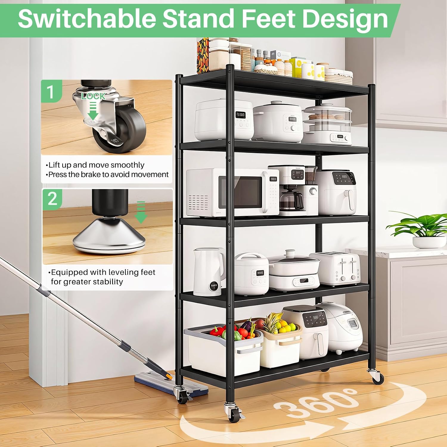 PXRACK Metal Shelving for Storage, 5 Tier Adjustable Kitchen Storage Shelves with Wheels, Shelving Unit Bookshelf Utility Shelf Metal Storage Rack for Garage Pantry Closet Laundry, 35.8'x13'x59.65'