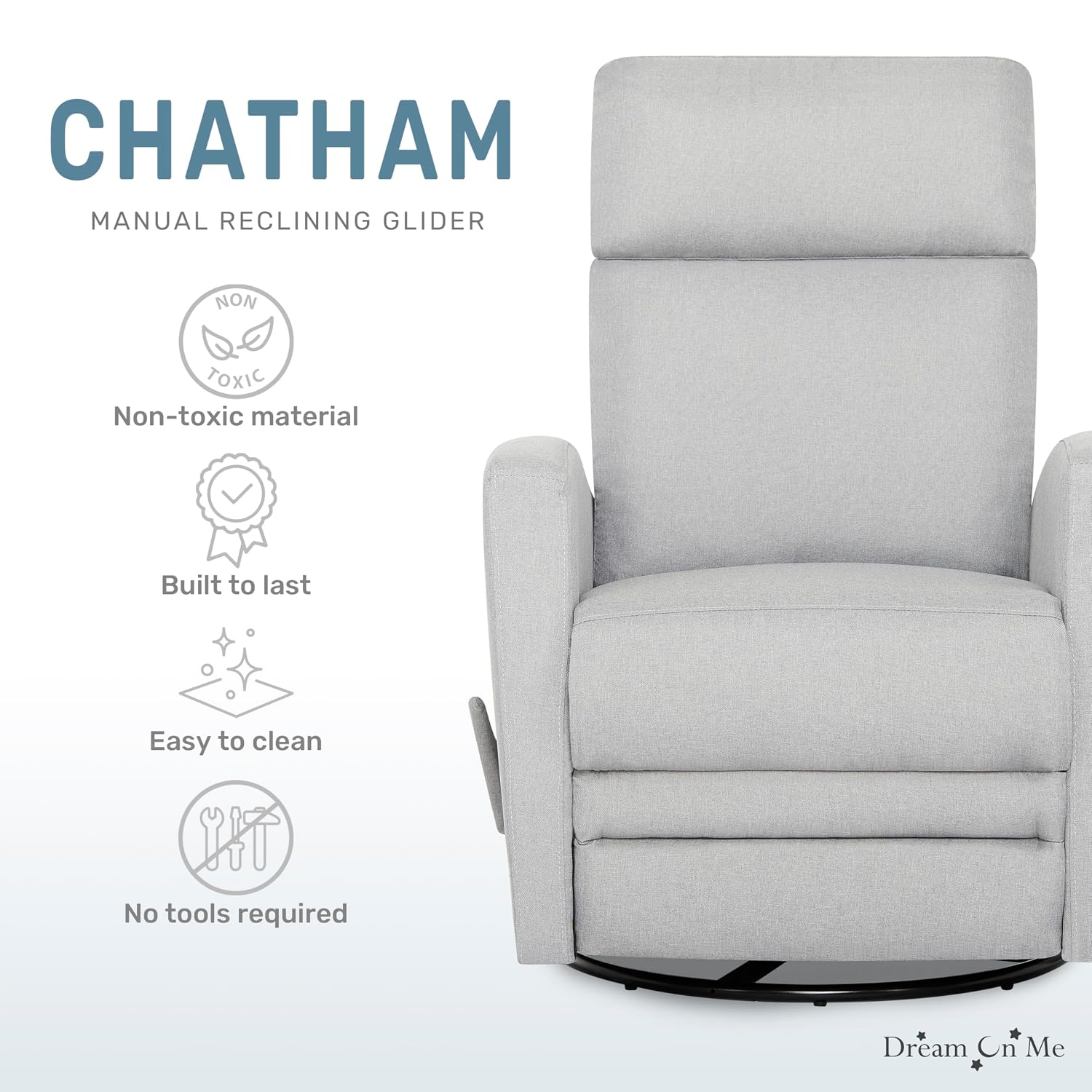 Dream On Me Chatham Basic Nursery Rocking Glider in Grey, 360° Swivel Motion, FSC Certified, Greenguard Gold & JPMA Certified Nursery Glider, Three Rocking Modes Nursery Glider Recliner