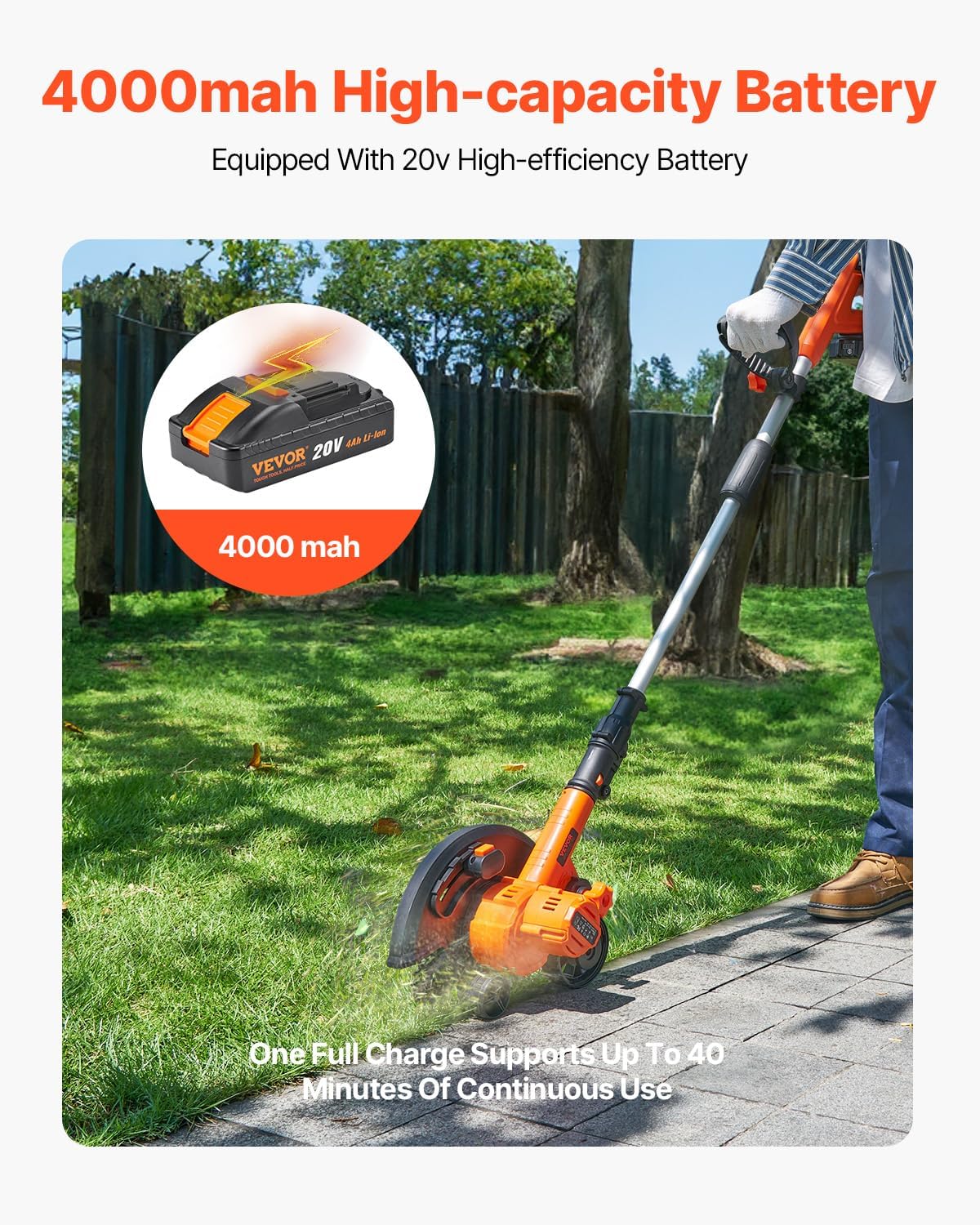 VEVOR Lawn Edger, 9-inch Large Blade, 20 V Battery Powered Cordless Edger Lawn Tool with 3-Position Blade Depth, Adjustable Handle, with Battery and Charger, for Lawns, Driveways, and Sidewalk Edges